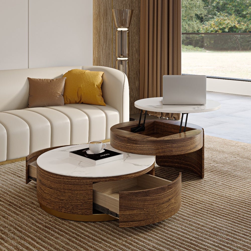 Lift-top Modern Nesting Coffee Table Set Of 2， White Sintered Stone Coffee Table Set For Living Room， 31.49'' - Mycitystee