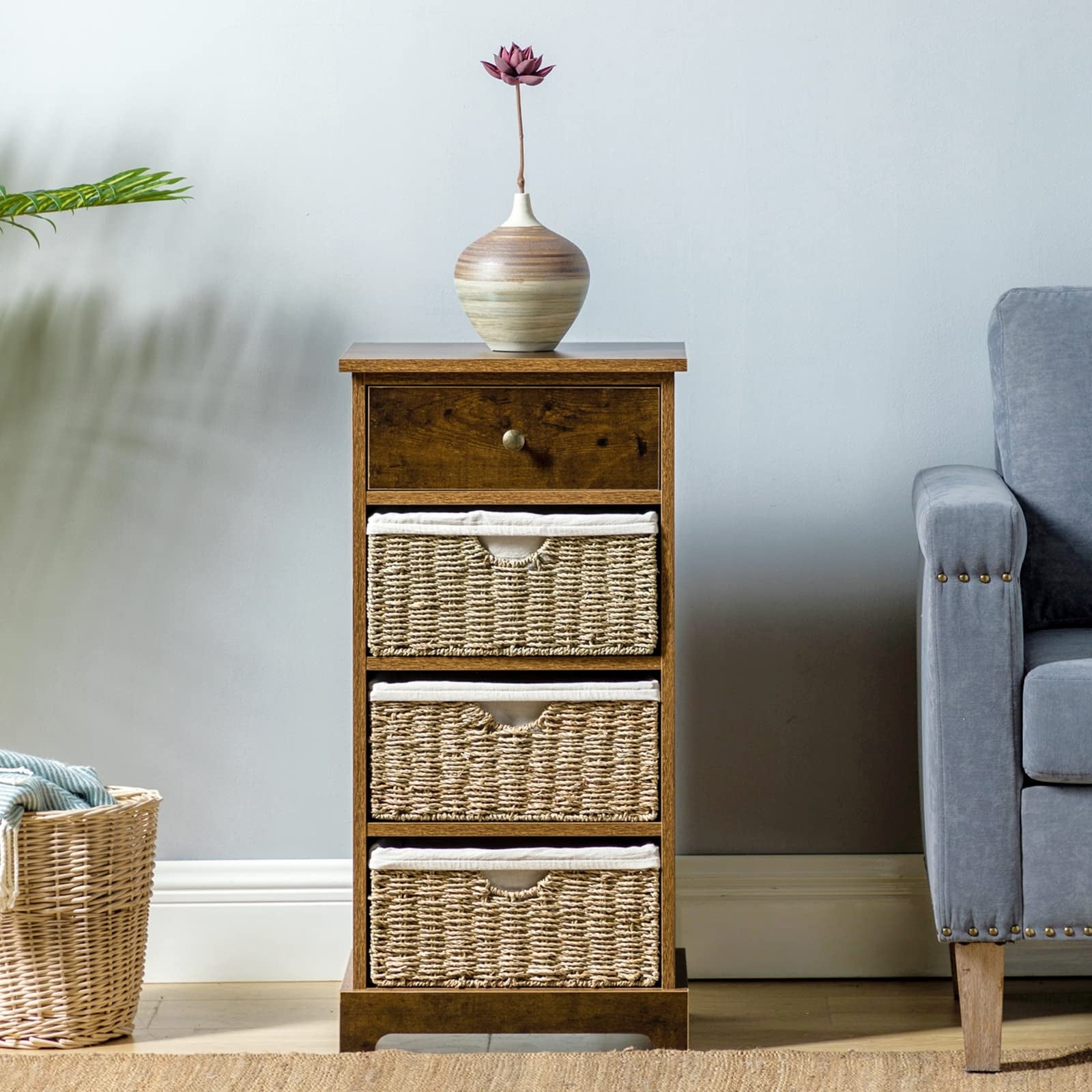 HOME Dresser for Bedroom with 1 Drawer 3 Rope Baskets， Storage Drawer Organizer， Wood Chest with 4 Storage Units - as picture - - 37668762 - Mycitystee