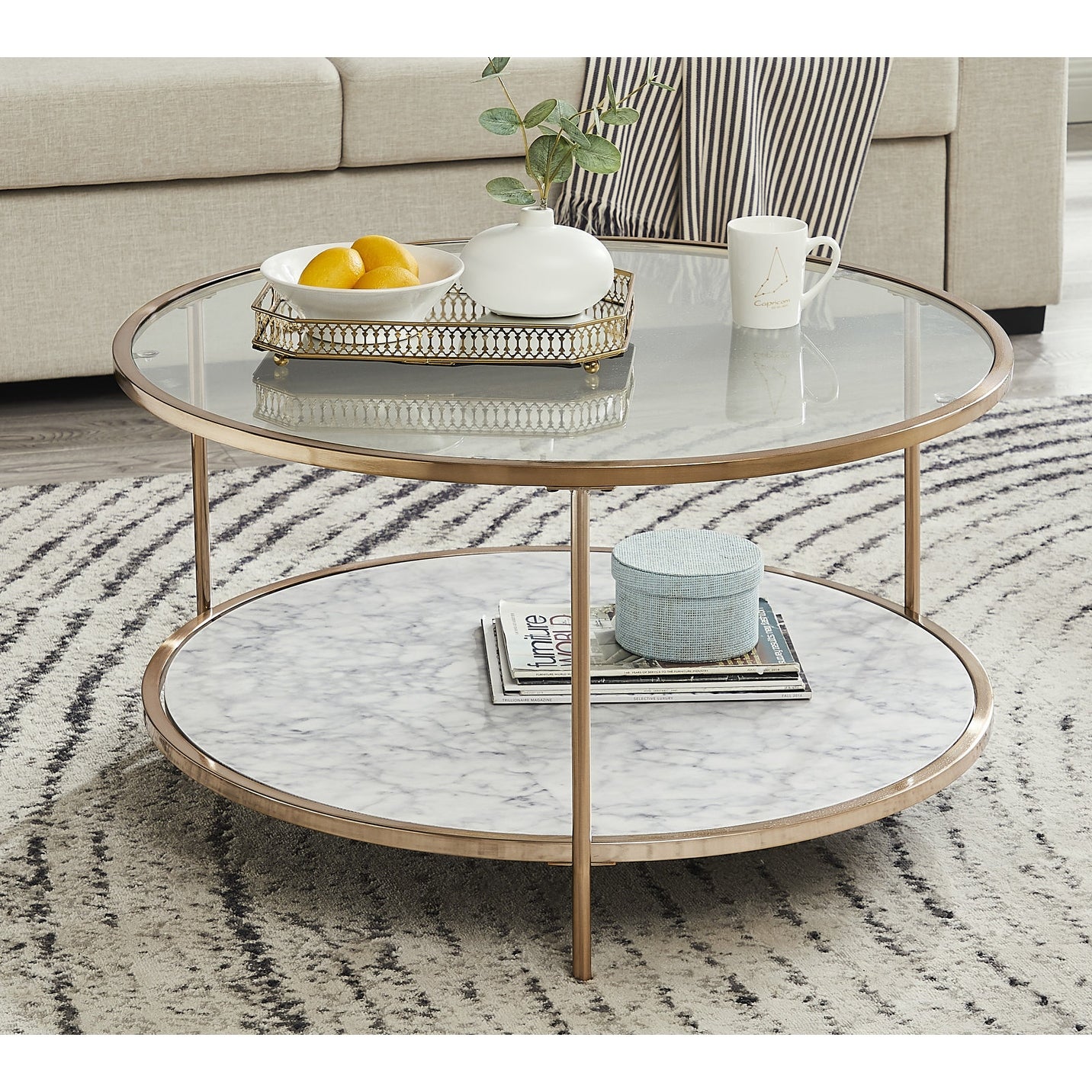 Brush Gold-Round Tempered Glass Coffee Table - Mycitystee