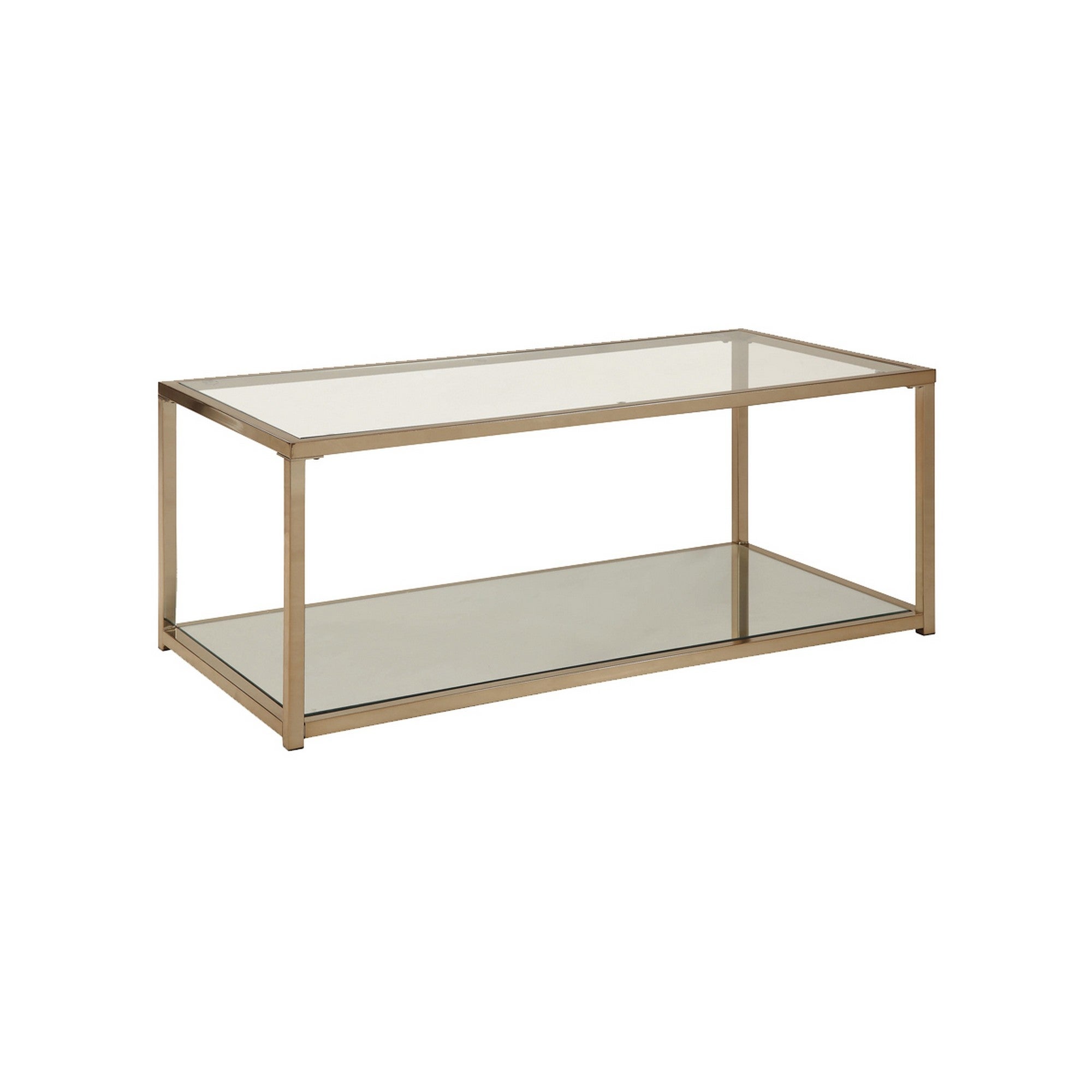 Glass Top Coffee Table with Metal Frame and Open Shelf， Brass - Mycitystee