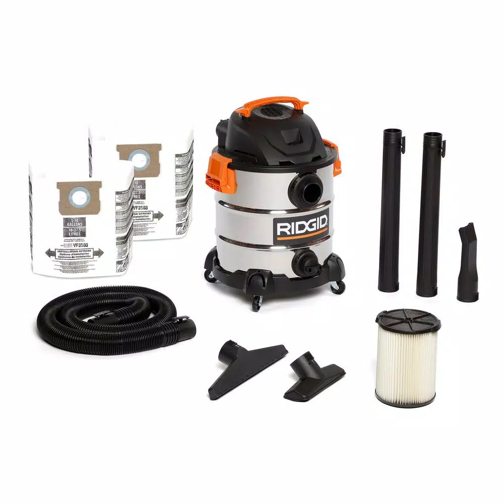RIDGID 10 Gal. 6.0-Peak HP Stainless Steel Wet/Dry Shop Vacuum with Filter， Dust Bags， Hose and Accessories and#8211; XDC Depot - Mycitystee