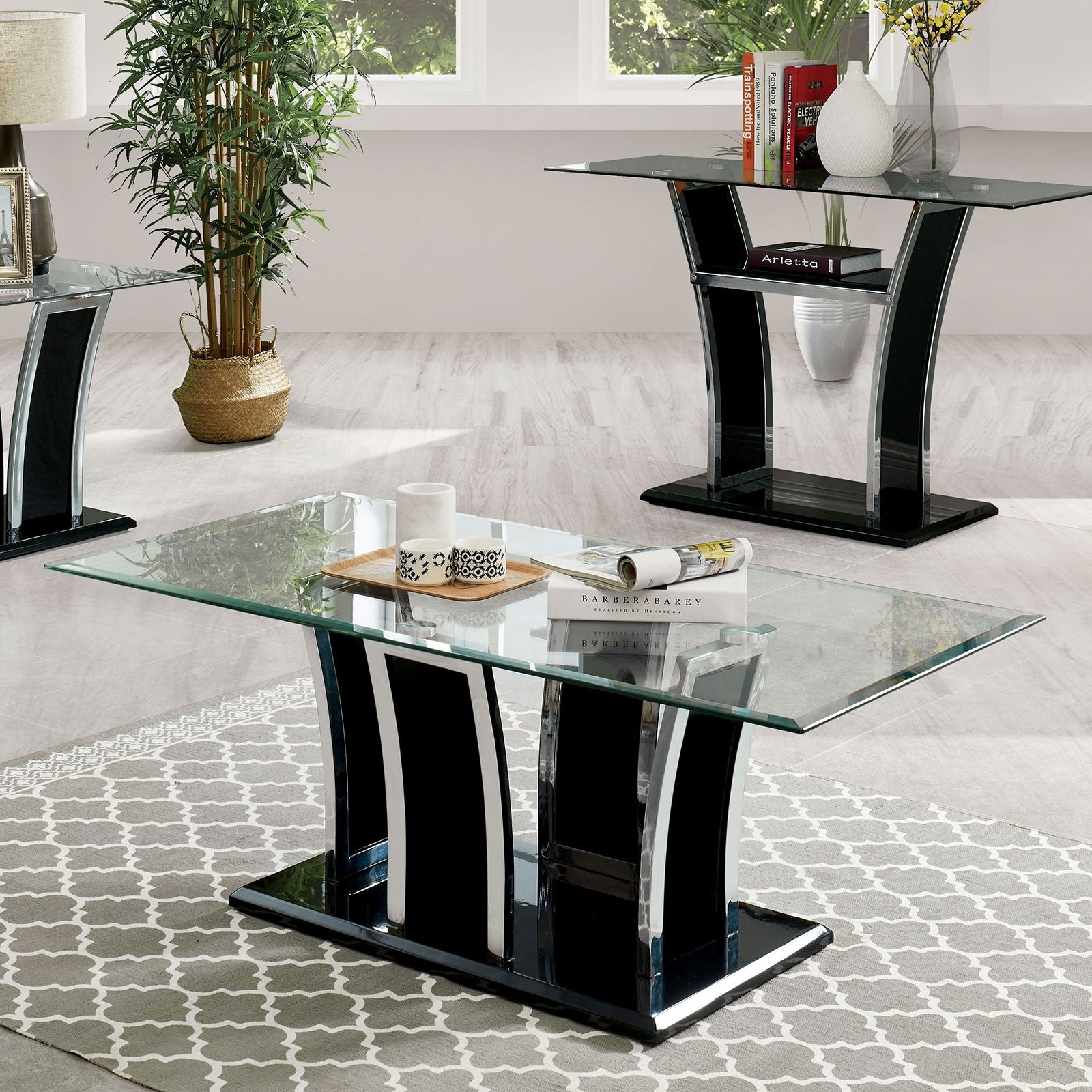 Contemporary Coffee Table with Chrome Trimmed Flared Base， Black - Mycitystee
