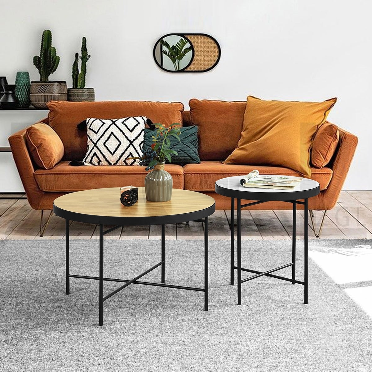 Set of 2 Round Side Coffee Table with Half Natural and Half Black Tray Top Finish， Sofa End Table Waterproof for Living Room - Mycitystee