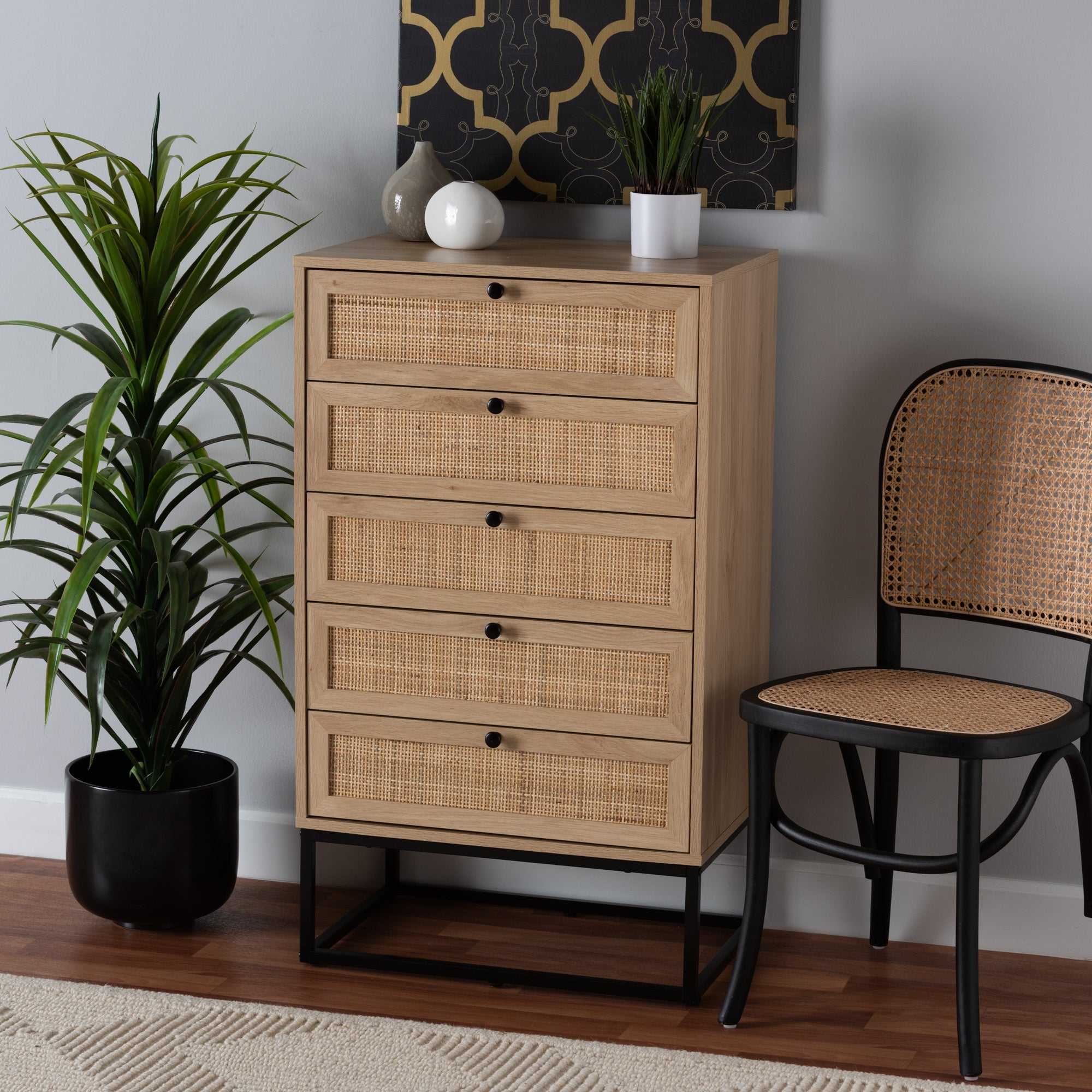 Amelia Mid-Century Modern Transitional Natural Brown Finished Wood and Natural Rattan 5-Drawer Storage Cabinet - - 36620824 - Mycitystee