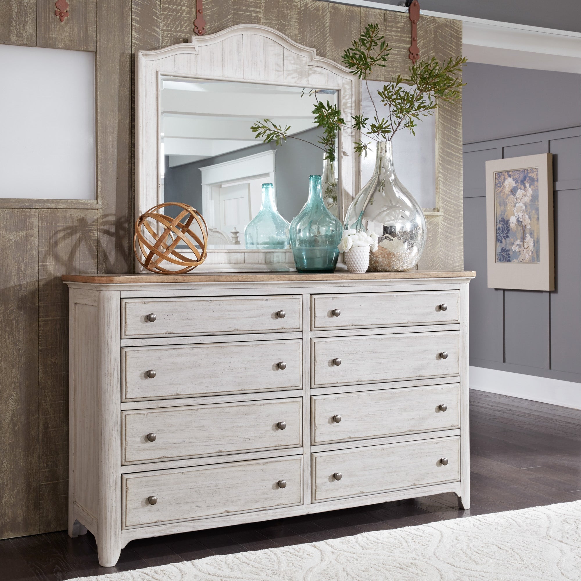 Farmhouse Reimagined Antique White with Chestnut Dresser and Mirror - - 18705655 - Mycitystee