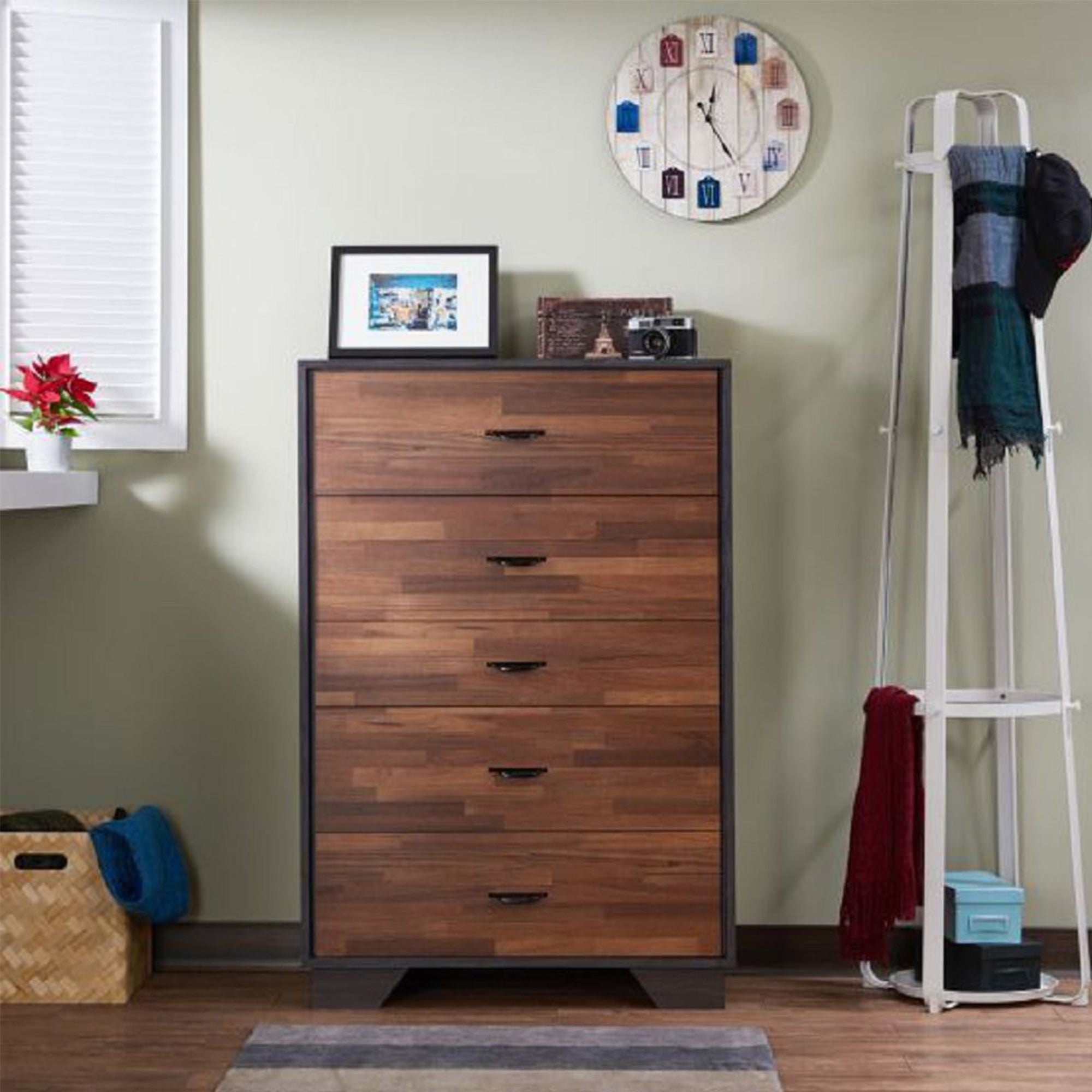 Wood 5 Drawers Chest in Walnut and Espresso - - 35372549 - Mycitystee