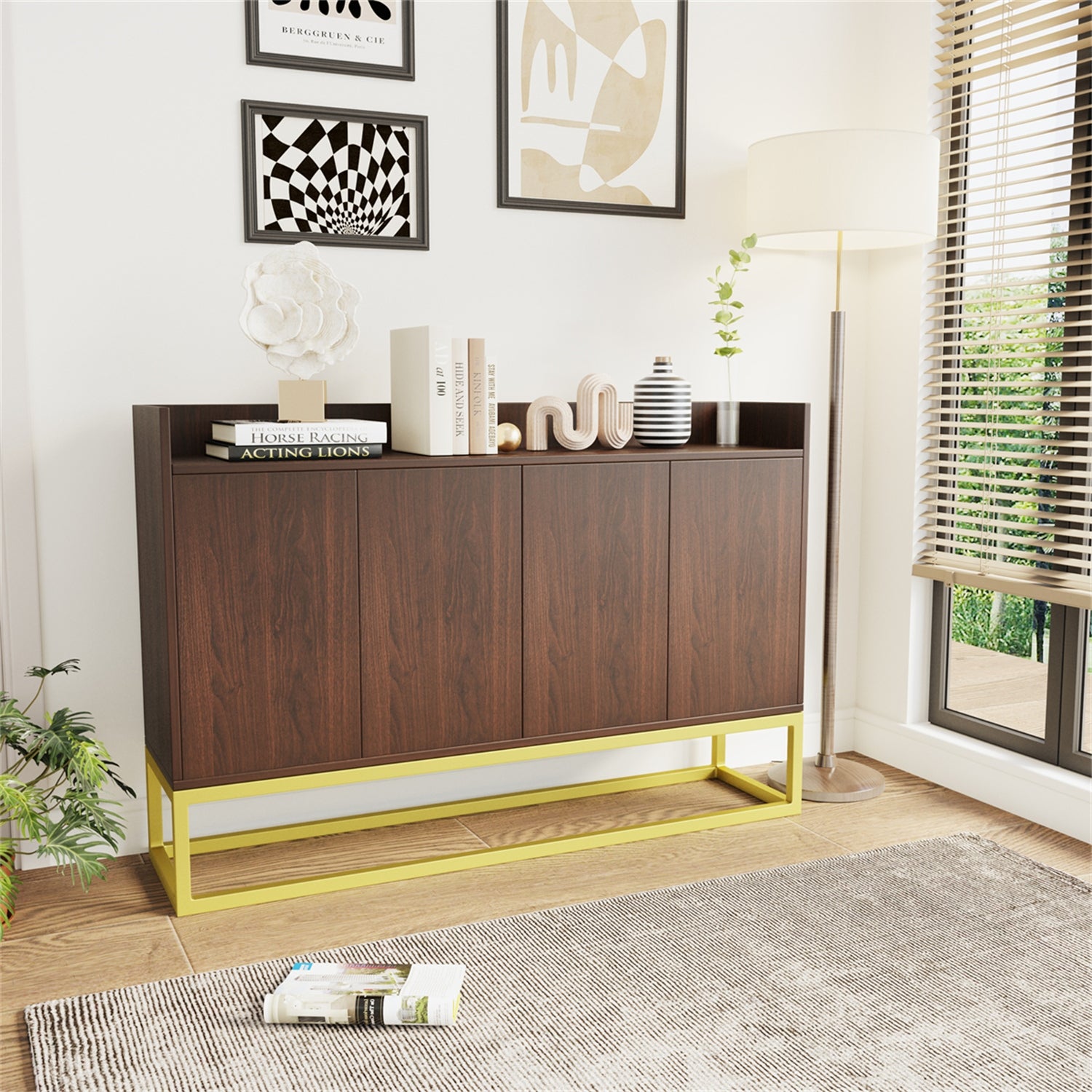 4-Door Wooden Storage Cabinet with Square Metal Leg - - 37862867 - Mycitystee
