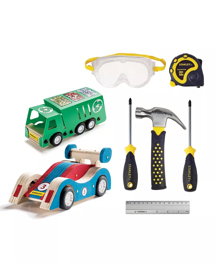 Red Tool Box Stanley Jr Tool Set with Recycling Truck and Pull Back Sports Car Kit， 6 Pieces - Mycitystee