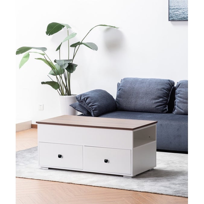 Luna White Coffee Table with Brown Walnut Finish Lift Top， 2 Drawers， and 2 Shelves - Mycitystee