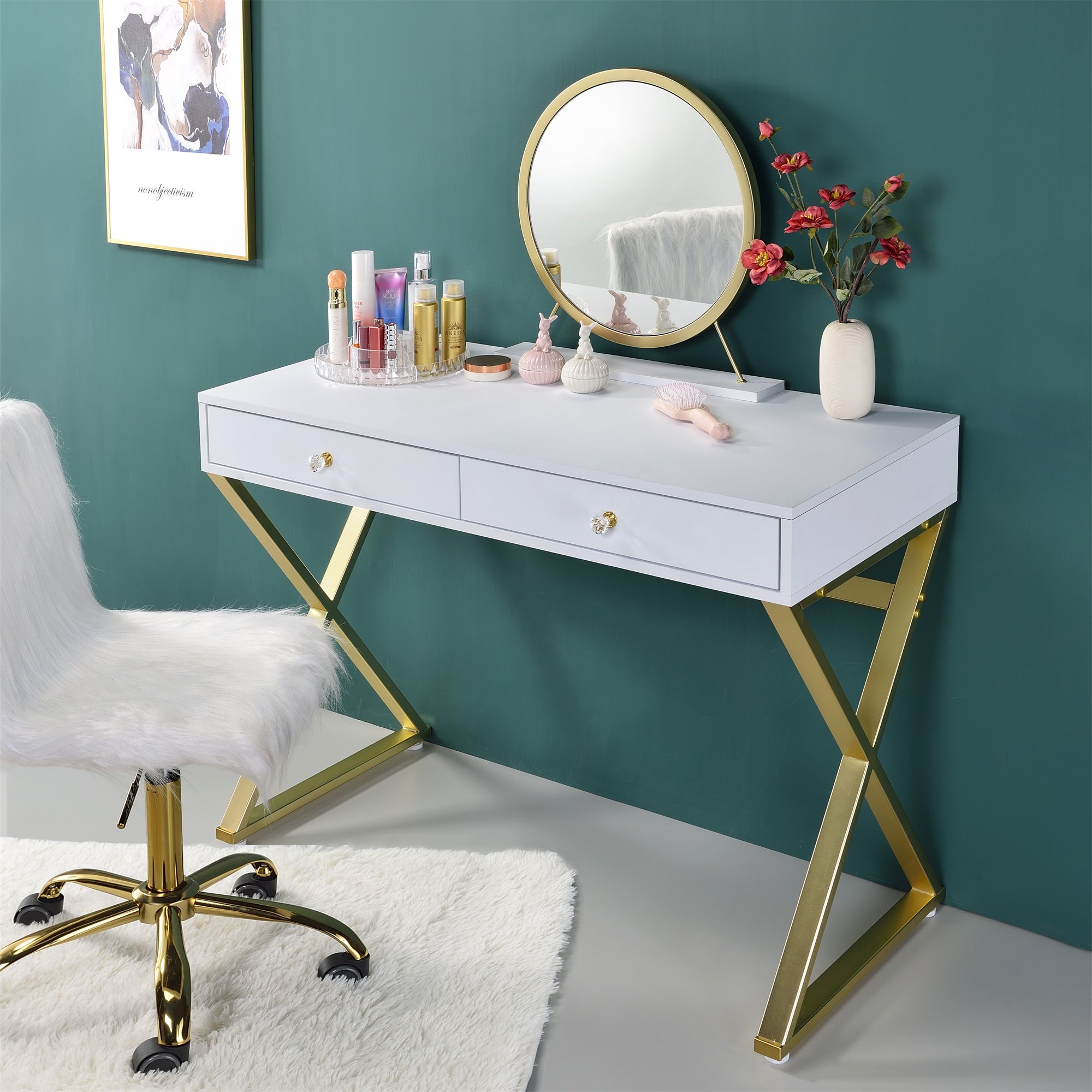 Gold Finish Vanity Desk with Mirror and Jewelry Tray - - 36607966 - Mycitystee