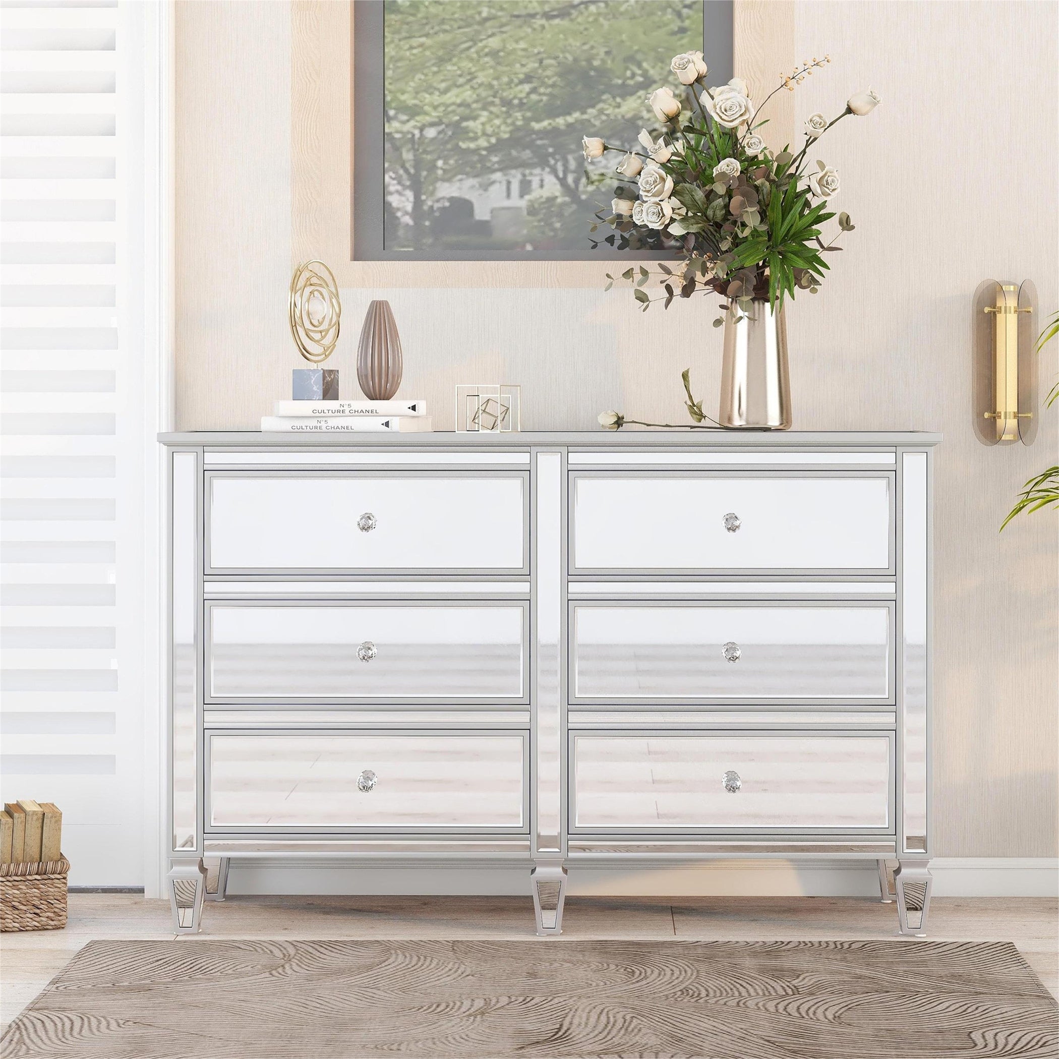 Mirrored Dresser Wooden Storage Drawer Organizer with 6 Drawers Silver - - 36117404 - Mycitystee