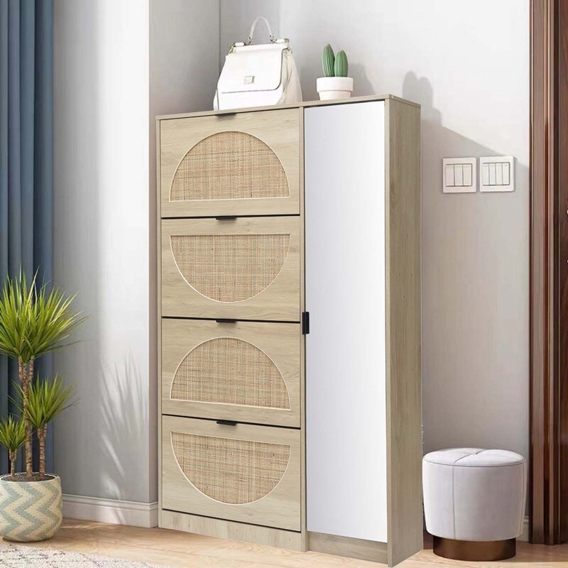 Natural Rattan Shoe Cabinet with glass mirror - - 37424972 - Mycitystee