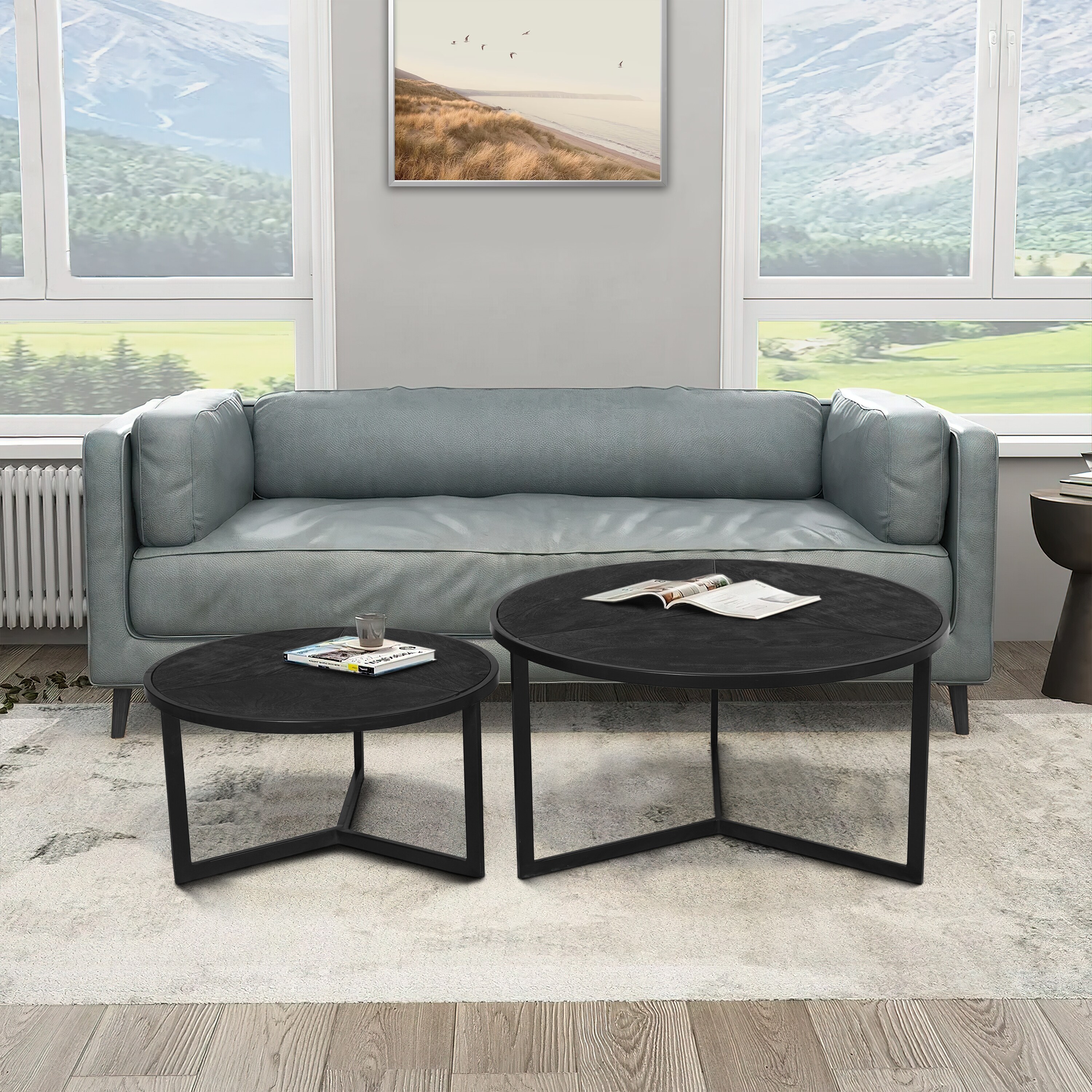 28， 20 Inch Round Nesting Coffee Table Set Of 2， Handcrafted Mango Wood Charcoal Gray Top， Black Iron Base - Mycitystee