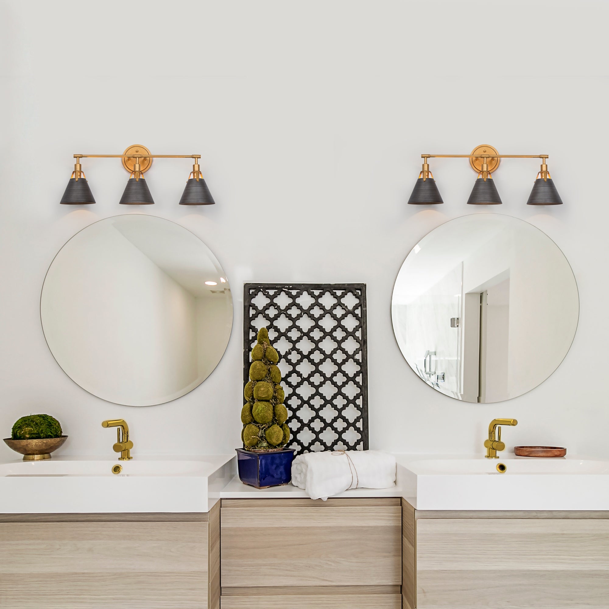 Coney Mid-century Gold 3-Light Bathroom Vanity Light Brushed Metal Wall Sconces Dimmable - Mycitystee