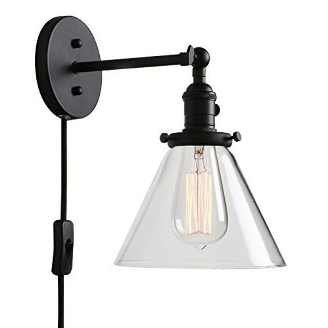 Industrial plug in wall light clear glass on off switch black wall sconce - Mycitystee