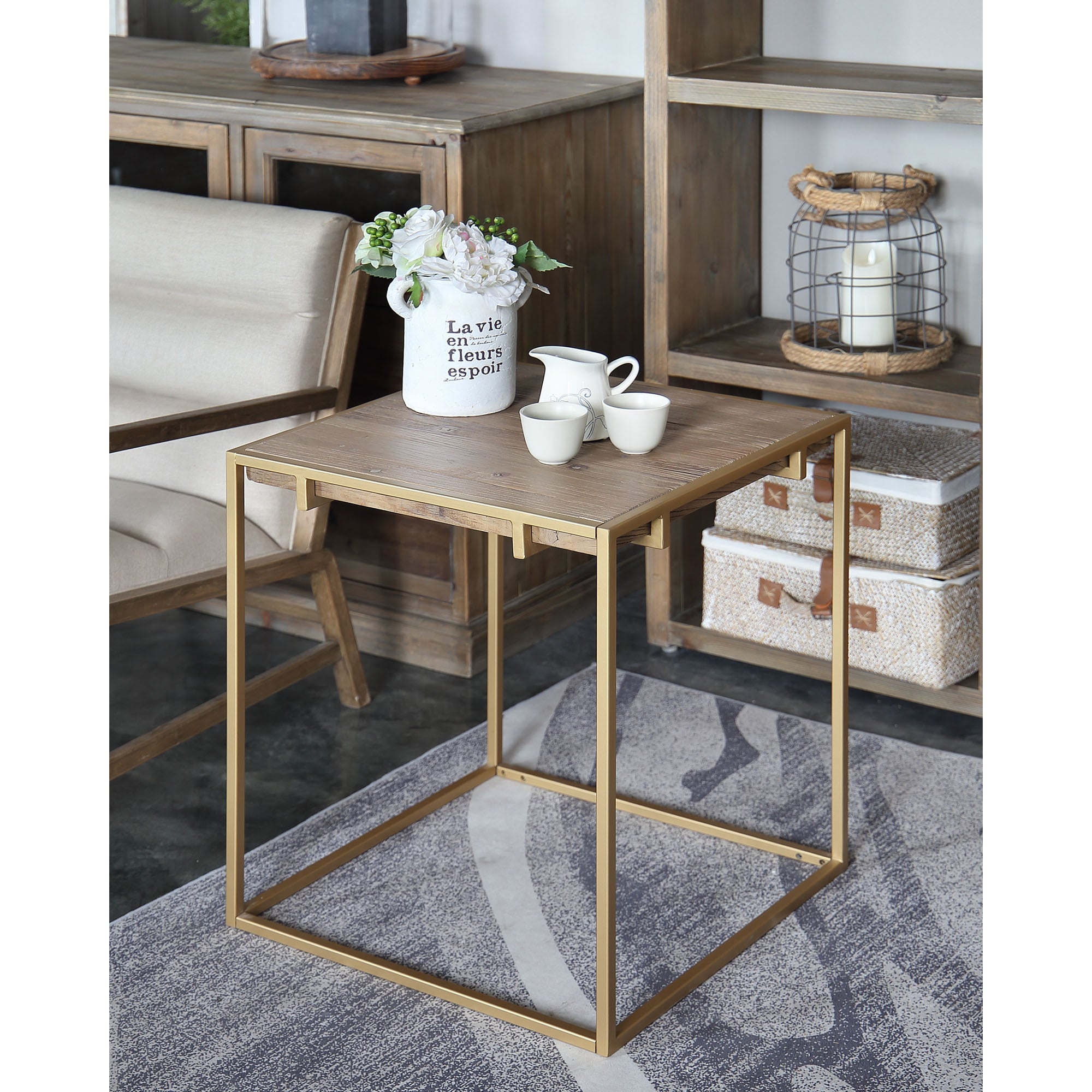 Connexion Decor Portam Reclaimed Elm and Metal Corner Coffee Table in Natural/Brass - Mycitystee
