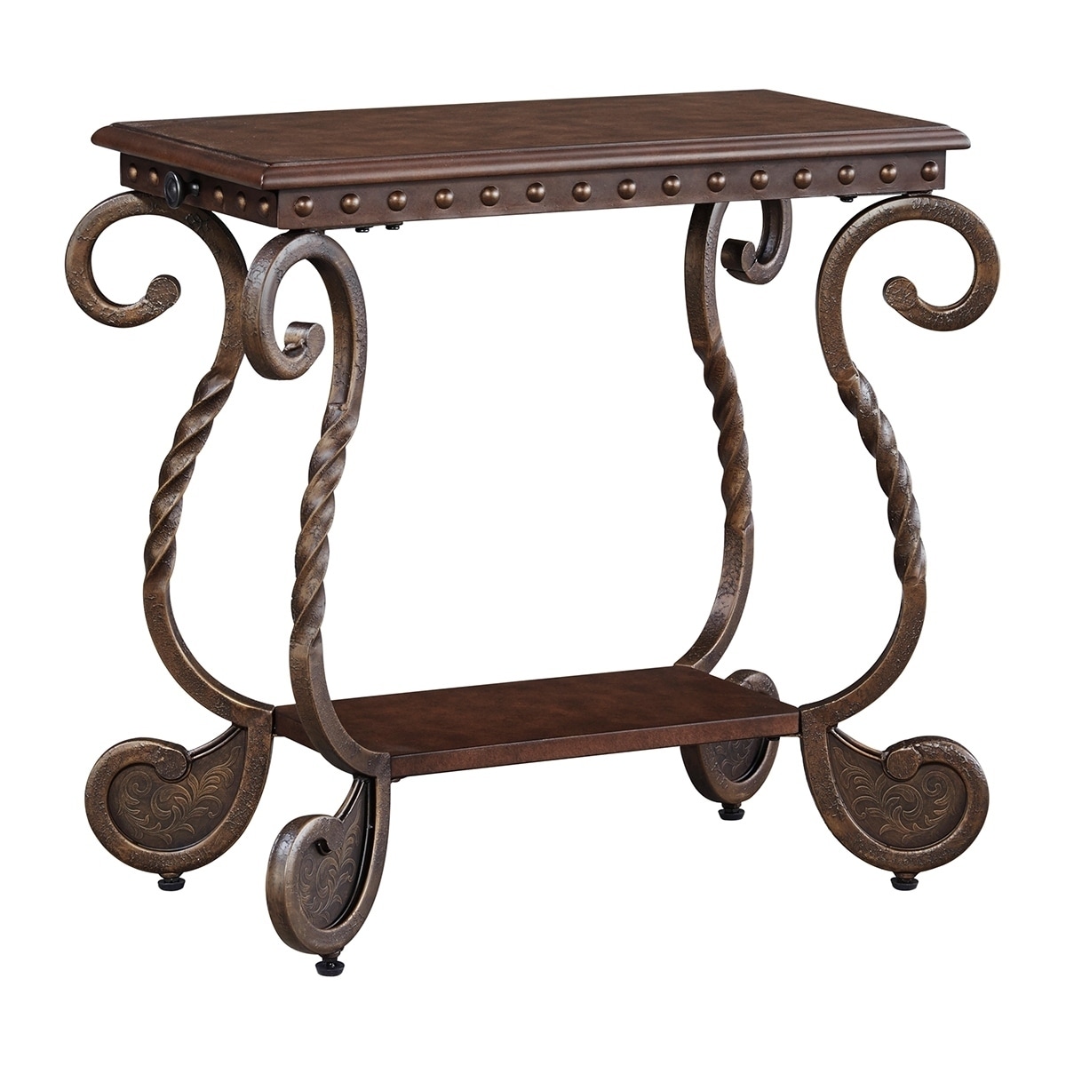 Chair Side End Table with Nailhead Trim Top and Scrolled Base， Brown - Mycitystee