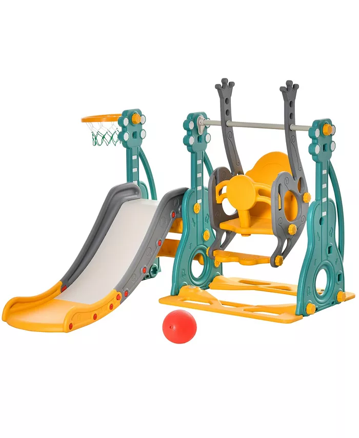 Qaba 3in1 Kids Swing Slide Outdoor Activity Center Set Basketball Hoop - Mycitystee
