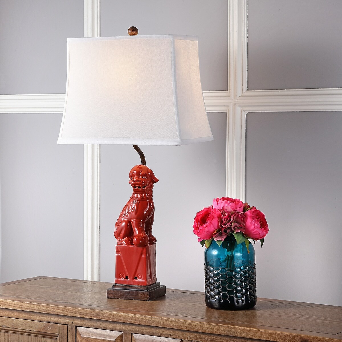 SAFAVIEH Lighting 28-inch Red Foo Dog Table Lamp (Set of 2) - 14