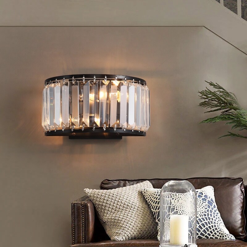 9.5 in. 2-Light Modern Crystal Wall Sconces Dimmable LED Flush Mount Wall Light Fixtures Black Semi-drum Bathroom Vanity Lights - Mycitystee