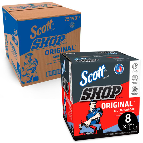 Scott Shop Towels， POP-UP Box， 1-Ply， 9 x 12， Blue， 200/Box， 8 Boxes/Carton (75190) - Mycitystee