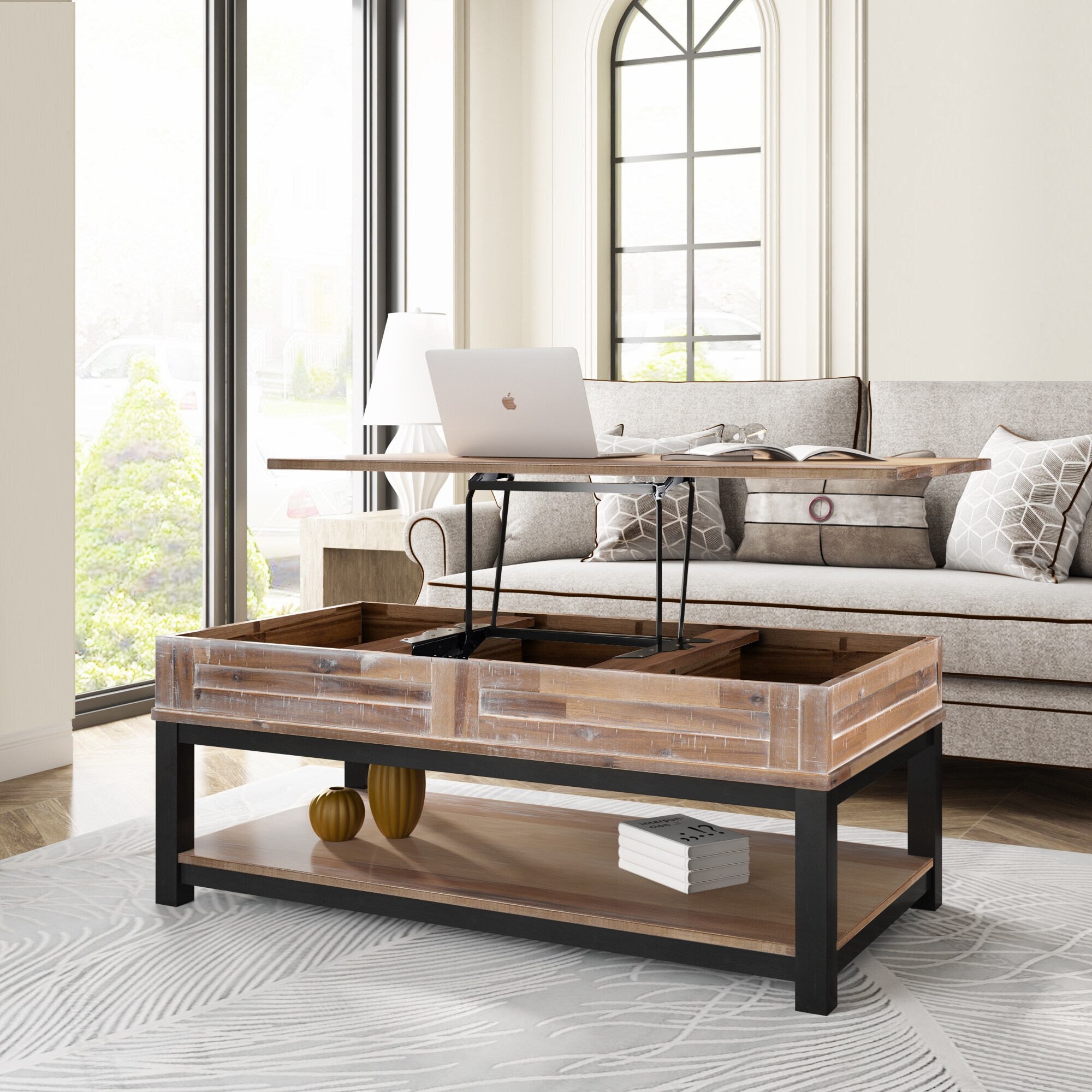 Wooden Lift Top Coffee Table with Inner Storage Space and Shelf - Mycitystee