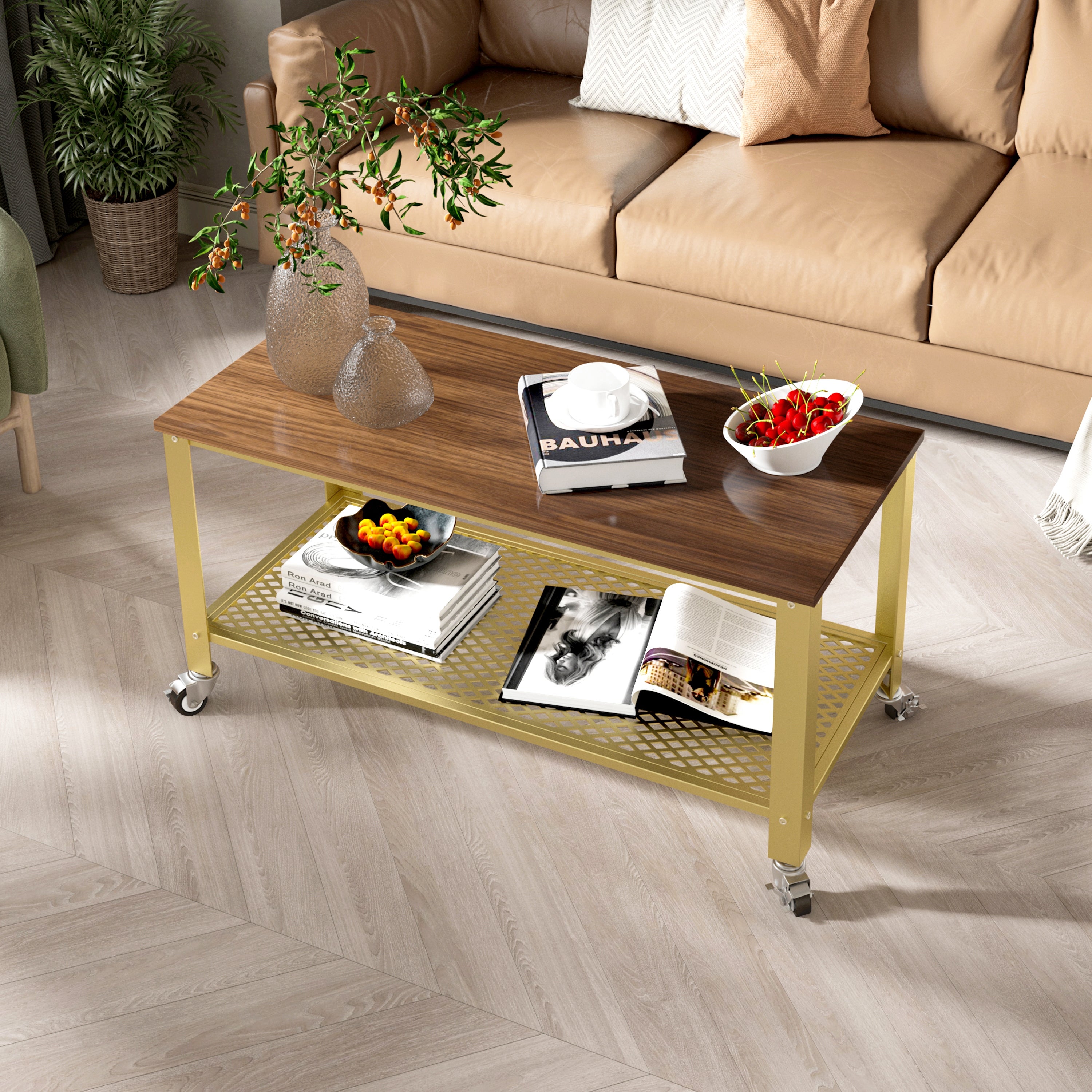 Metal Gold Coffee Table with Wheels and Shelf - Mycitystee