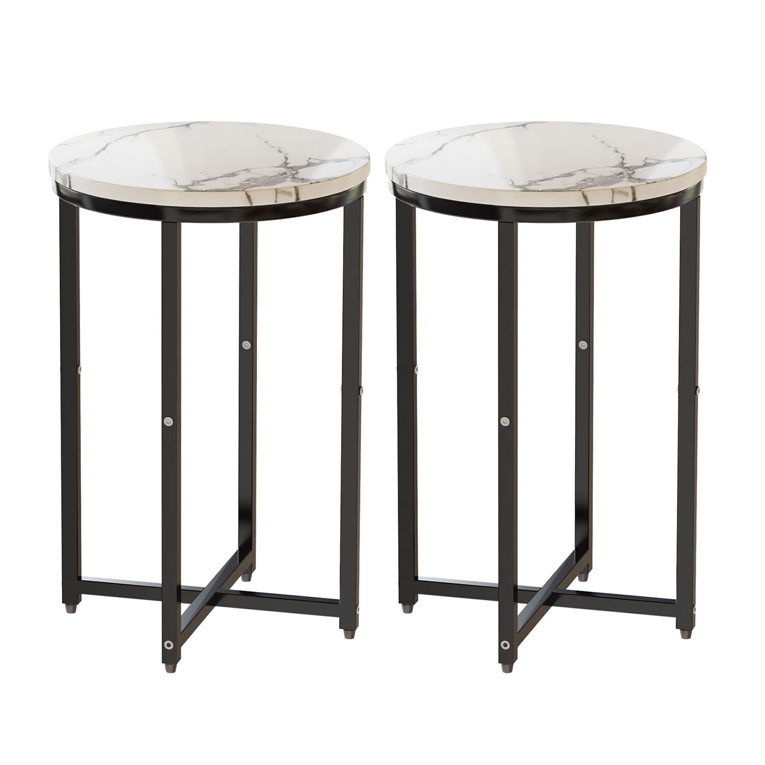 Set of 2 Round End Side Table with Faux Marble Top and Metal Frame - Mycitystee