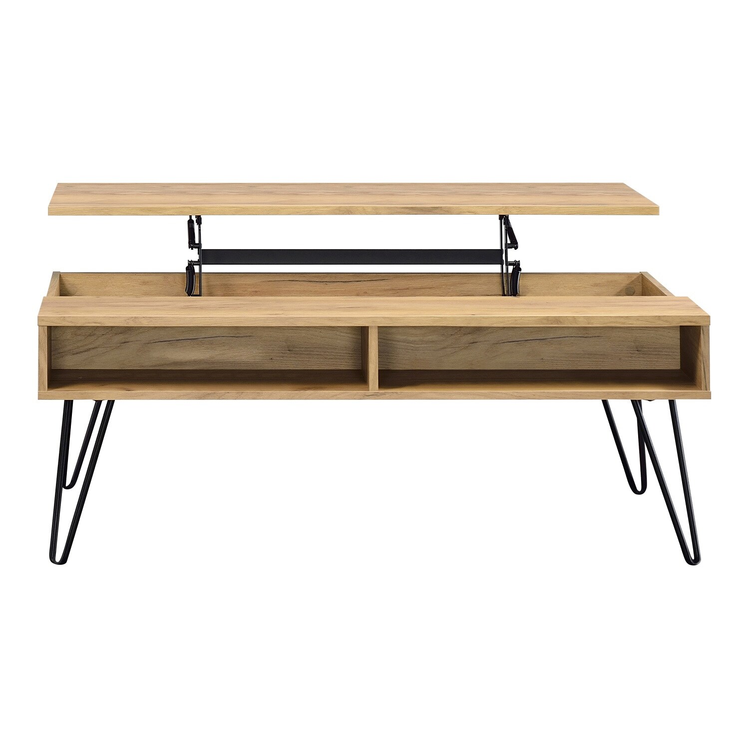 2 Shelves Lift Top Coffee Table with Metal Legs Golden Oak and Black - Mycitystee