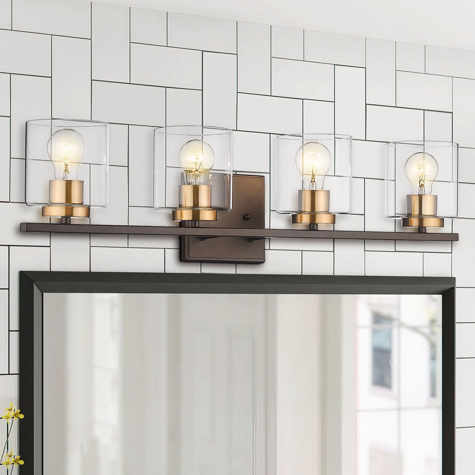 4-Light Bathroom Vanity Light with Glass Shade Wall Sconces - Oil Rubbed Bronze and Gold - Mycitystee