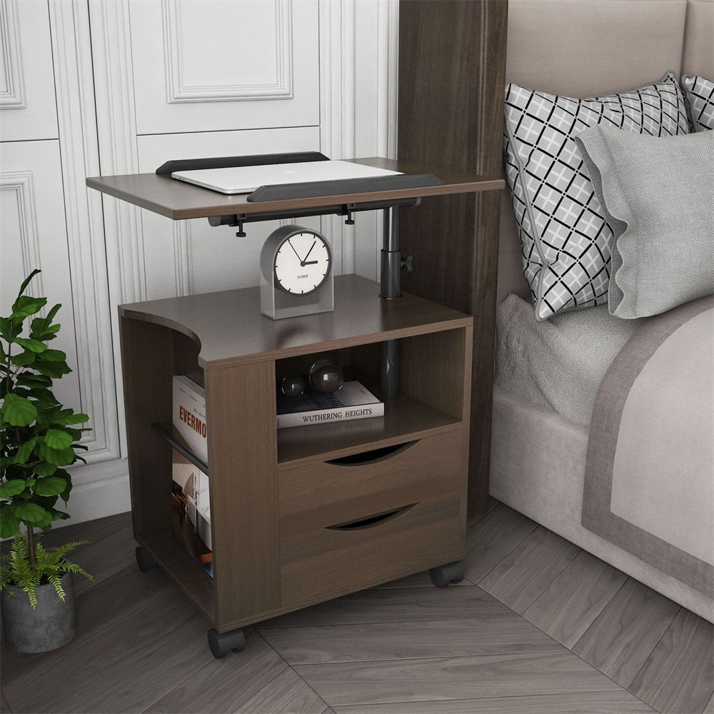Height Adjustable End Table Wooden with Swivel Top Black Walnut - Mycitystee