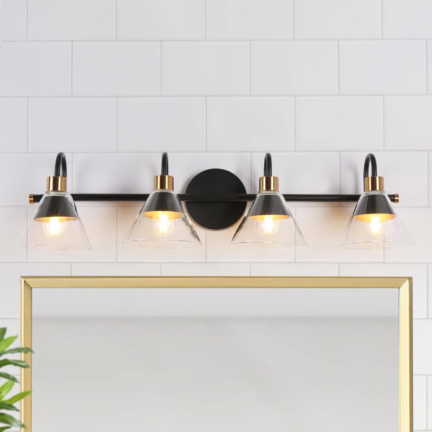 Petia Modern Farmhouse 4-Lights Black Bathroom Vanity Lights Wall Lamps with Cone Glass Shade - L 28