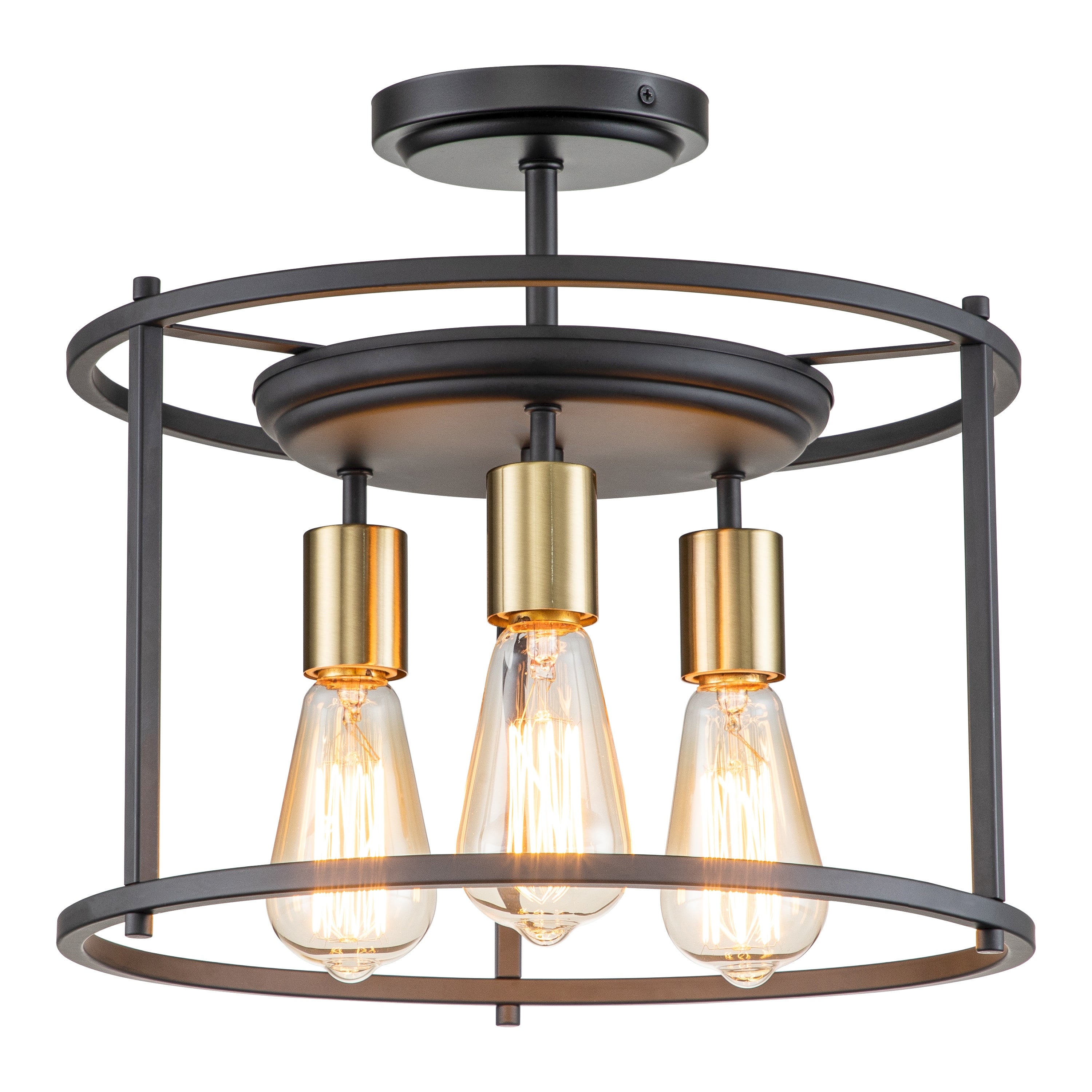 3-Light Black and Gold Drum Cage Semi Flush Mount Light - Mycitystee
