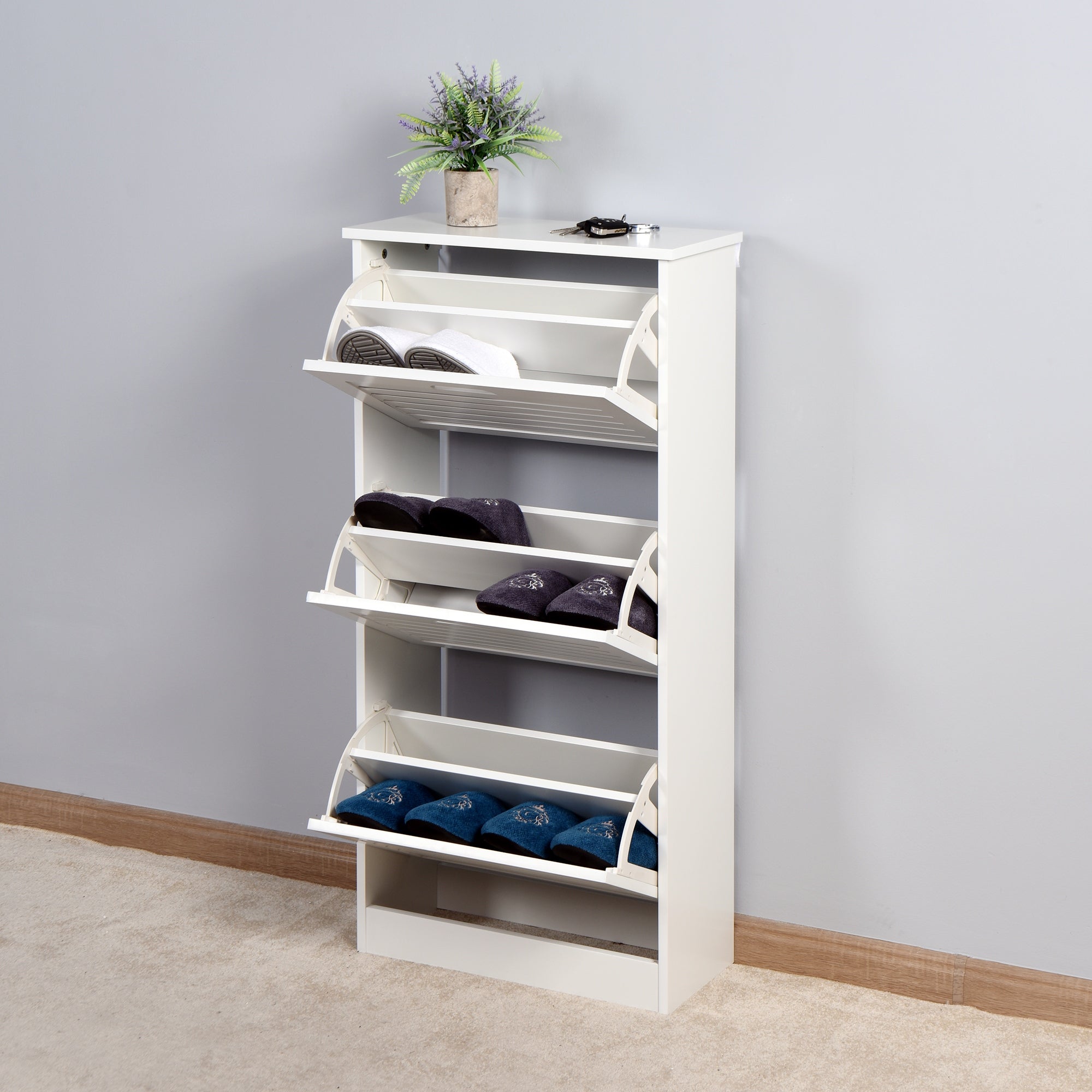 Wooden Shoe Cabinet for Entryway， White Shoe Storage Cabinet with 3 Flip Doors 20.94x9.45x43.11 inch - - 35721032 - Mycitystee