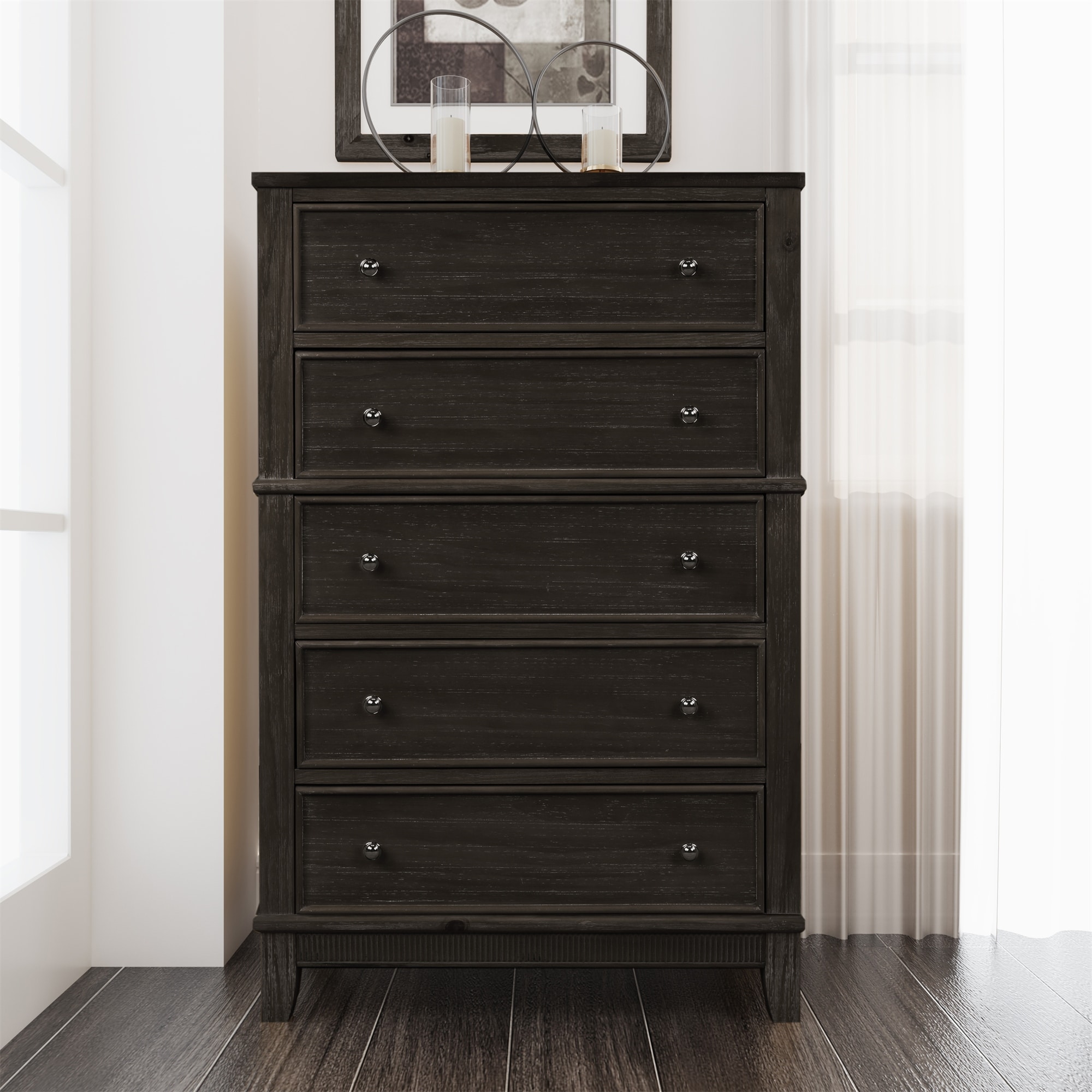 Chic Hazel 5 Drawers Chest Solid Wood， Coffee - - 37216727 - Mycitystee