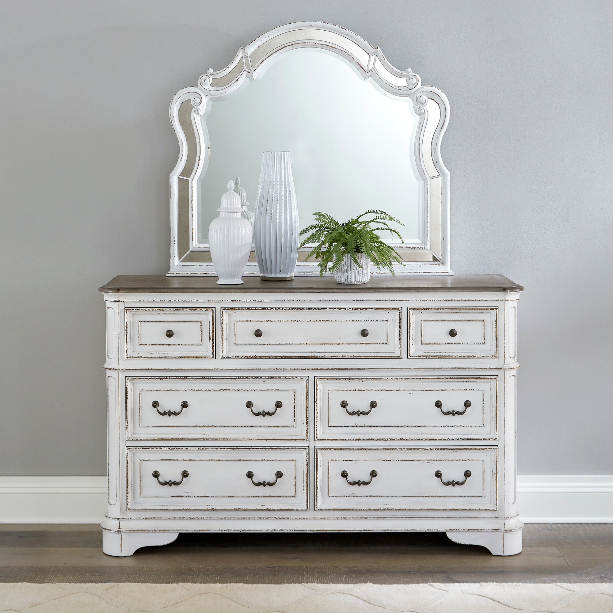 Magnolia Manor Antique White Weathered Bark Opt Dresser and Mirror - - 36108223 - Mycitystee