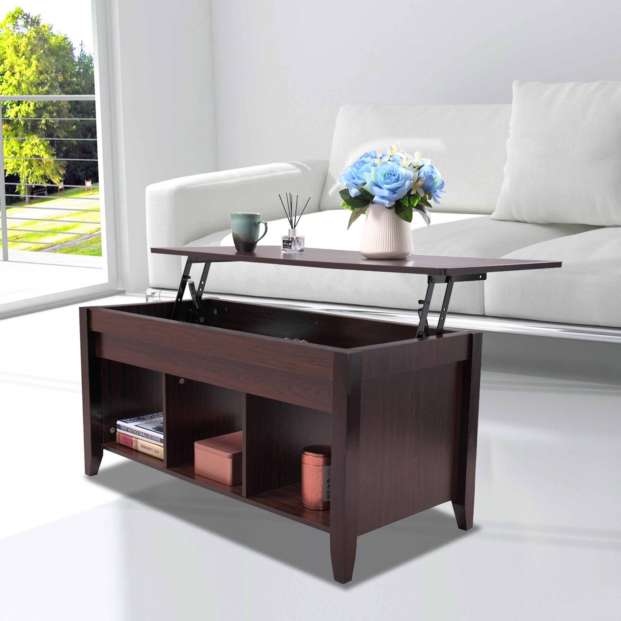 Lifting Coffee Table with Cabinet Dark Coffee Color - 41*19.3*19 - Mycitystee