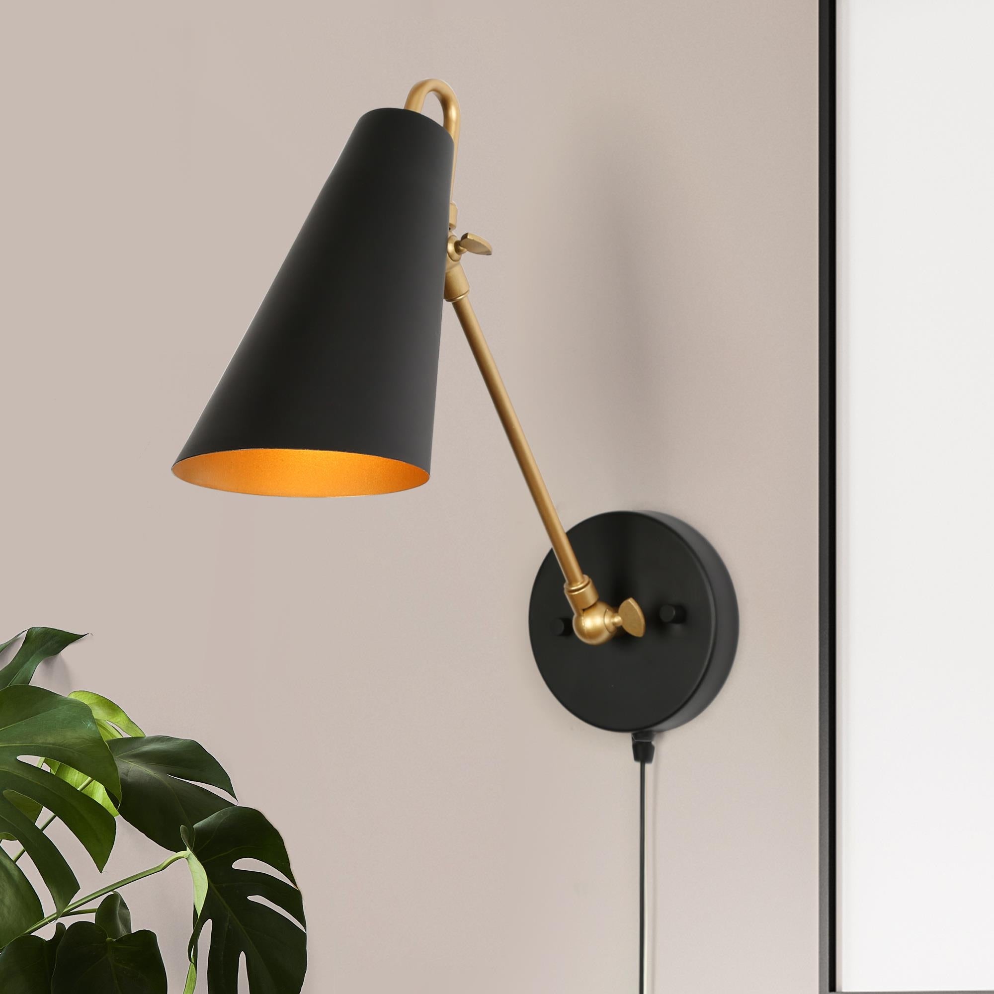 Modern Metal 1-Light Black Gold Swing Arm Light Plug-in/ Hardwired Adjustable Wall Sconces - Plug-in - Mycitystee