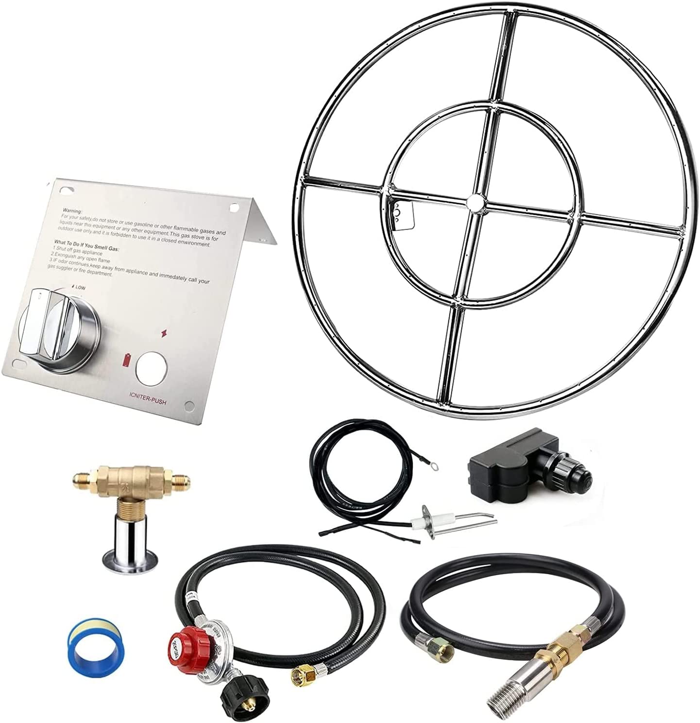 24'' x 24'' Stainless Steel Round Fire Pit Burner Ring with Spark Ignition Hose Installation Kit, DIY Gas Fire Pit Parts for Fire Pits, Fire Bowls - Mycitystee