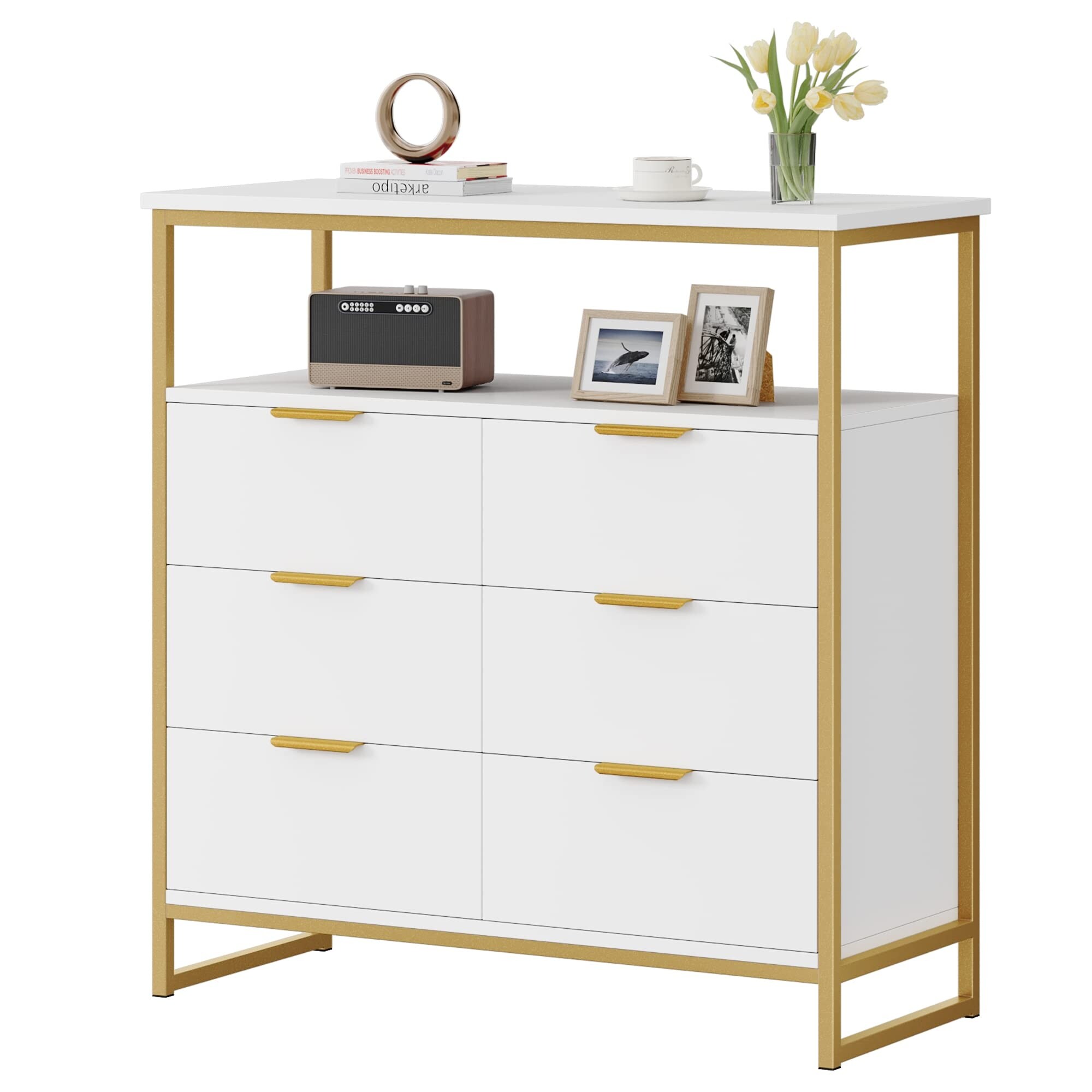 Modern Dresser for Bedroom， 6 Drawer Dresser with Shelf， Wood Chest of Drawers with Sturdy Steel Frame - as picture - - 37668814 - Mycitystee