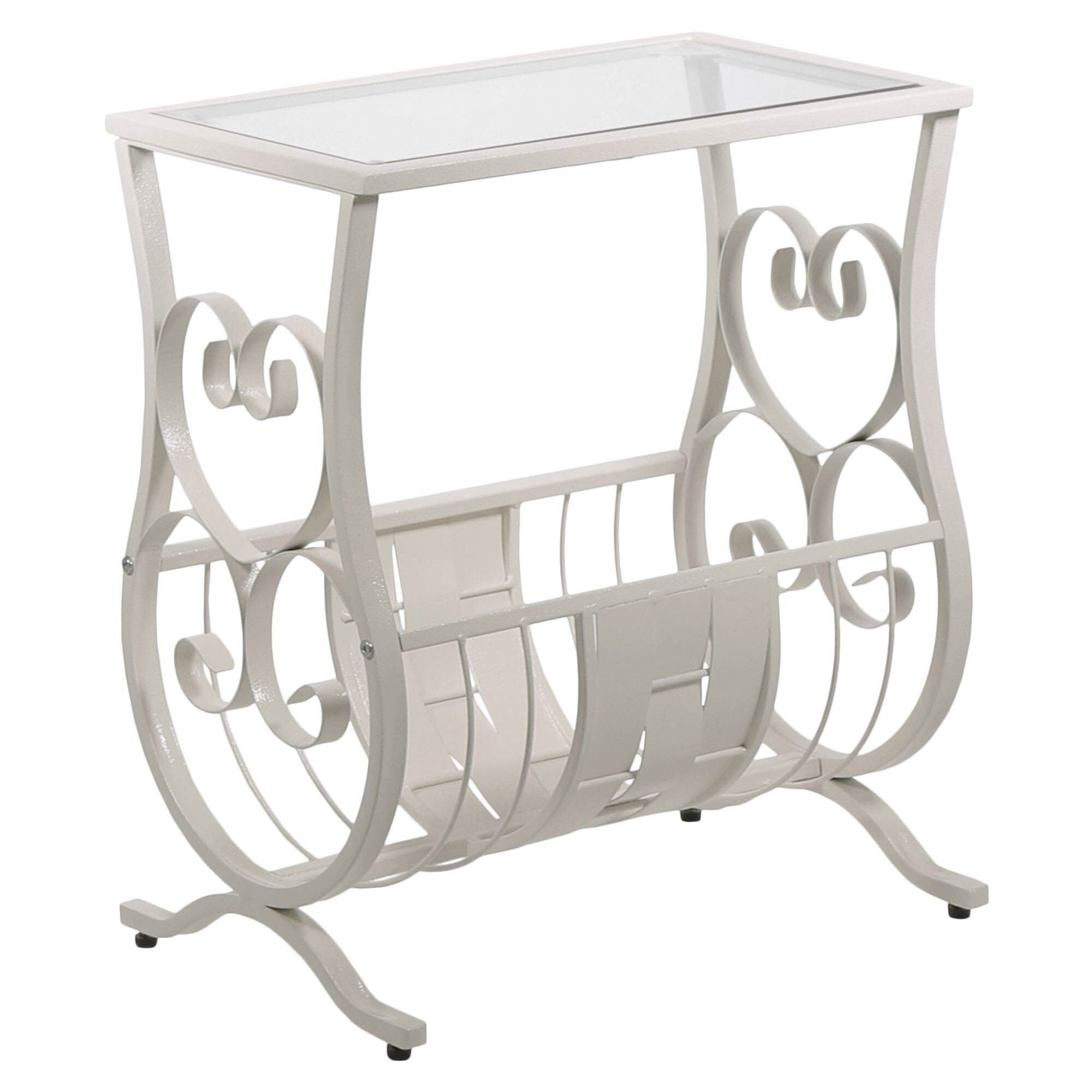 Offex Rectangular Tempered Glass Top Accent End Table with Weaved Metal Rack - Antique White - Mycitystee