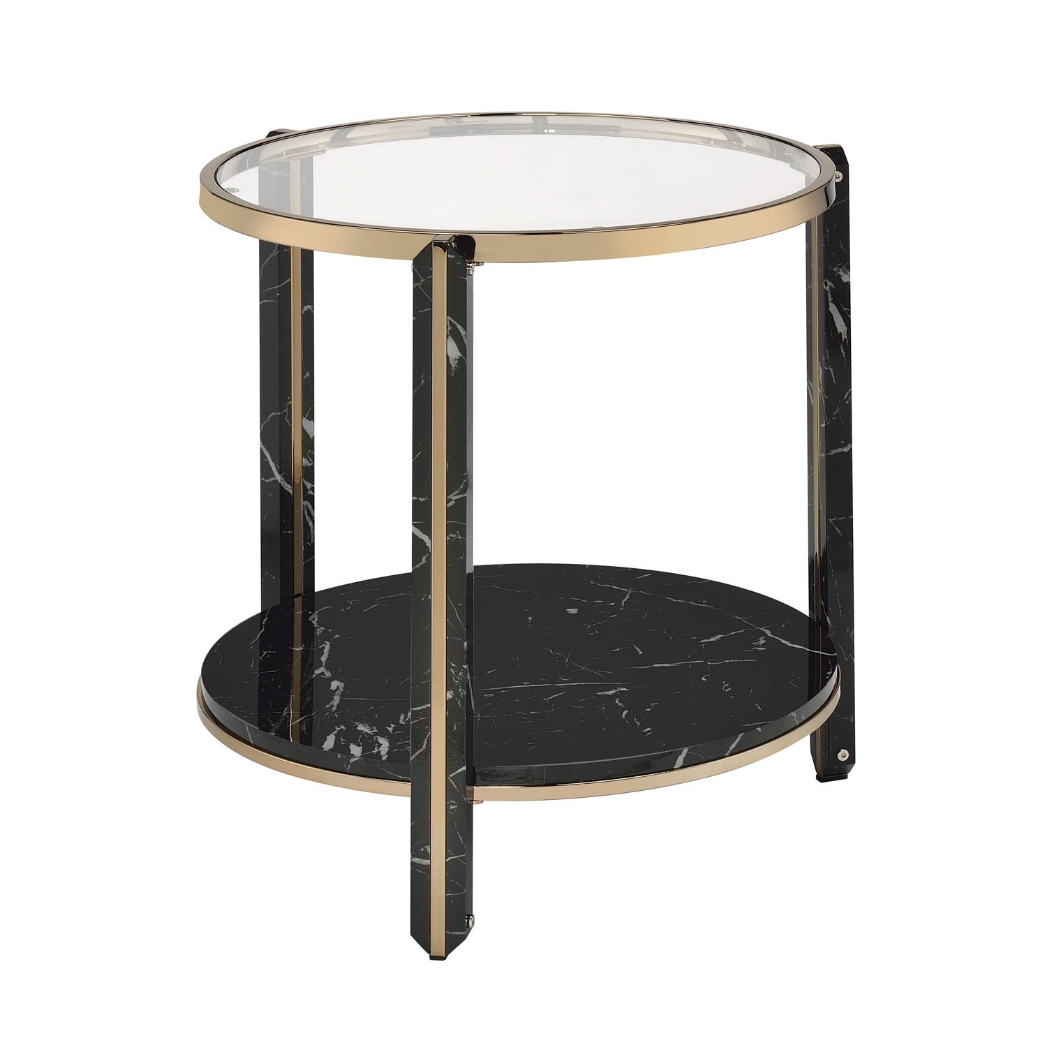 1 Tier Shelf Round Faux Marble Glass End Table in Black and Champagne - Mycitystee