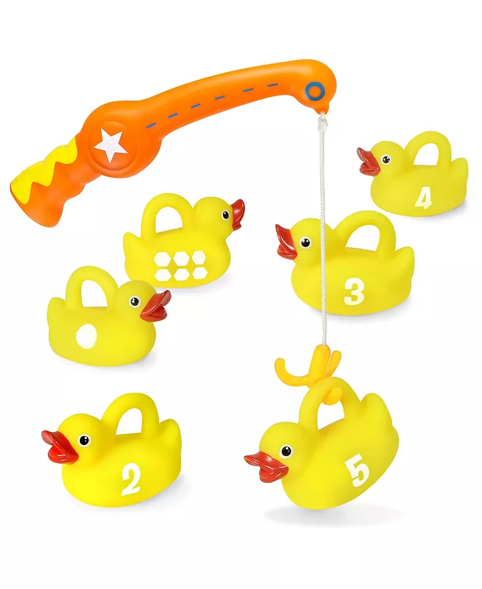 Kidzlane Bathtub Toys Fishing Game - 1 Toy Fishing Pole and 6 Rubber Ducks - Teaches Numbers Shapes - Great Learning bath toy for Babies， Toddlers Kid - Mycitystee