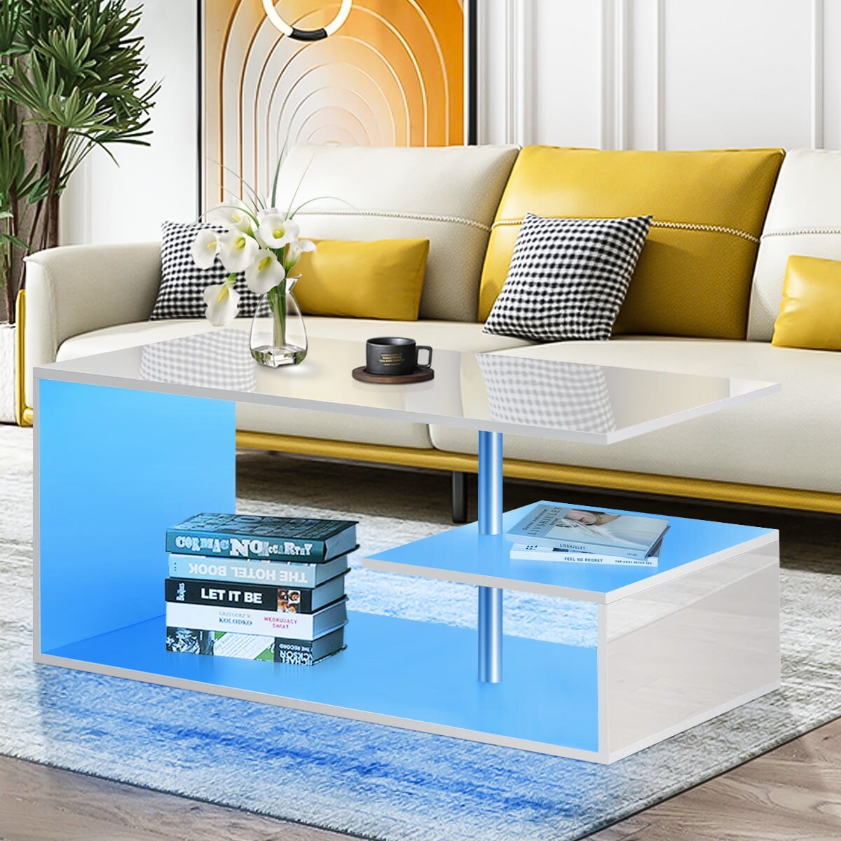 Coffee Table Modern LED Coffee Table High Gloss Cocktail Table for Living Room - Mycitystee