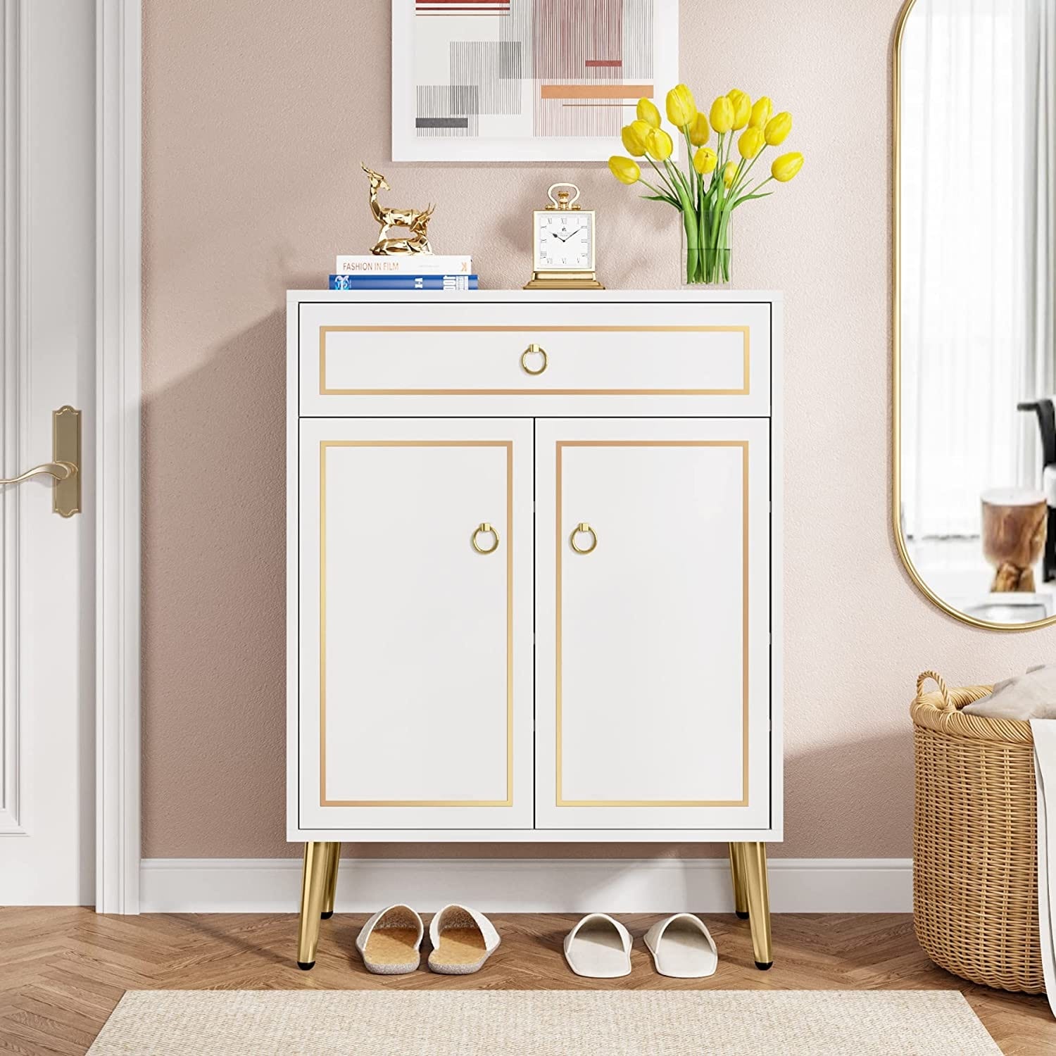 Shoe Cabinet， 4-Tier Shoe Storage Organizer with door and Drawer - - 36912141 - Mycitystee