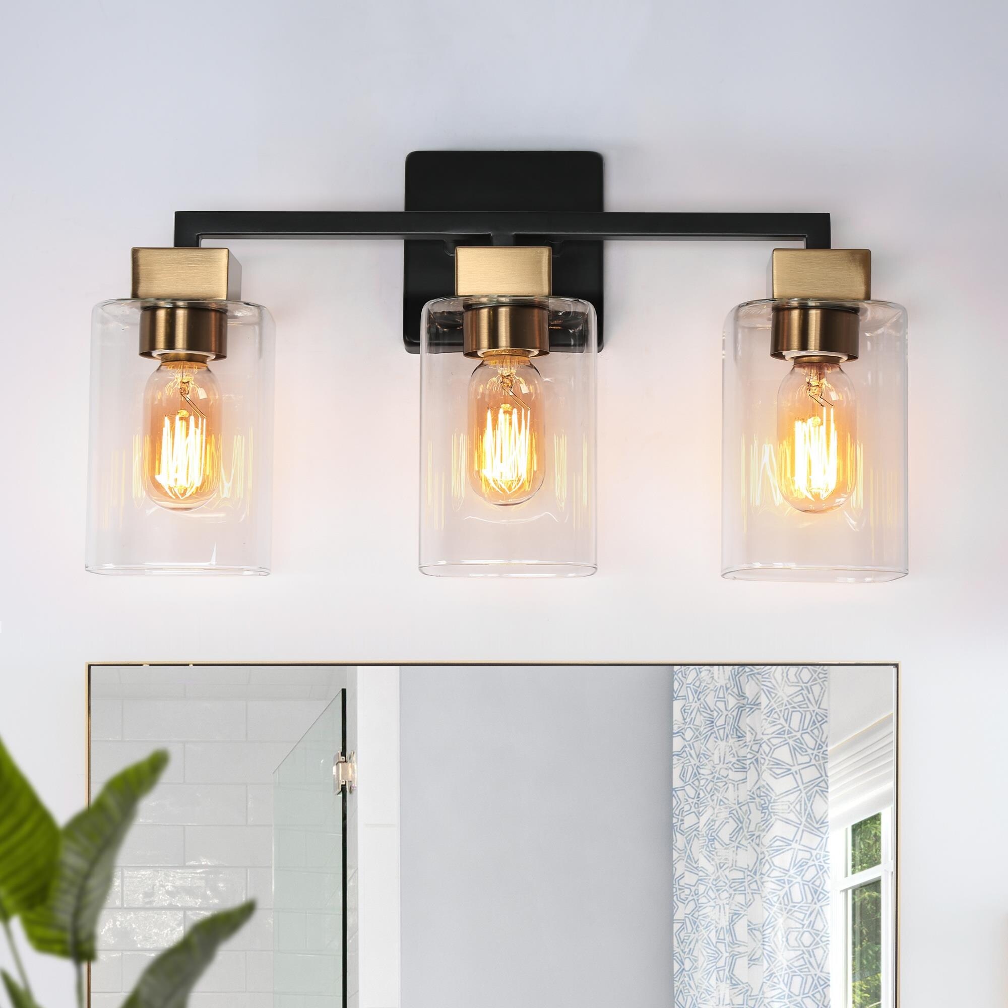 Modern 3-Light Black Gold Bathroom Vanity Light Linear Wall Sconces with Square Glass - Mycitystee