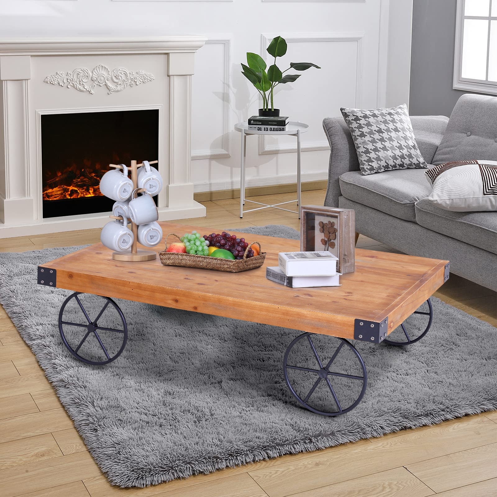 Sophia and William Rustic Coffee Table with Metal Wheels - Mycitystee