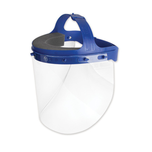 Suncast Commercial Fully Assembled Full Length Face Shield with Head Gear， 16.5 x 10.25 x 11， Clear/Blue， 16/Carton (HGASSY16) - Mycitystee