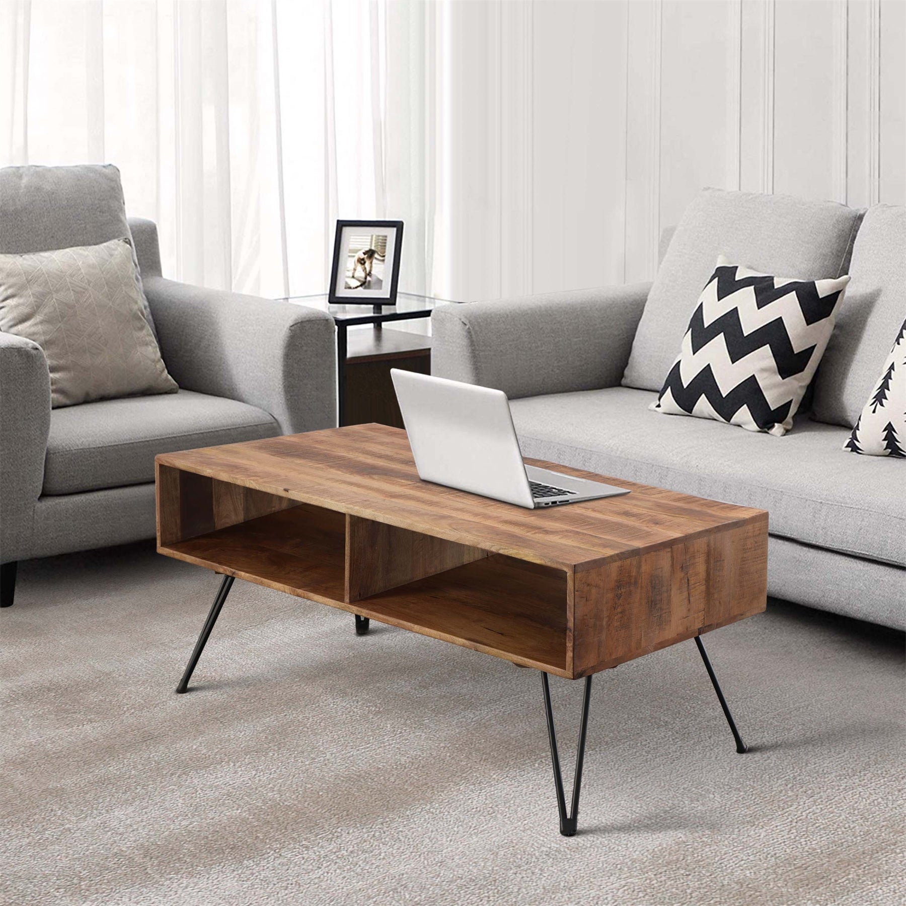 42 Inch Handcrafted Mango Wood Coffee Table with Metal Hairpin Legs - Mycitystee