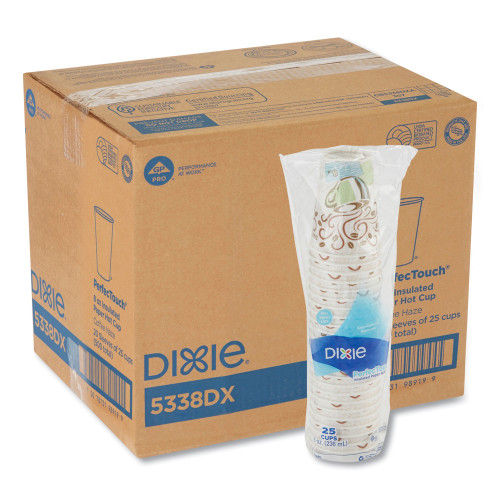 Dixie PerfecTouch Paper Hot Cups， 8 oz， Coffee Haze Design， 25/Sleeve， 20 Sleeves/Carton (5338DX) - Mycitystee